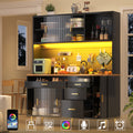 Highboard with LED Lighting & Pegboard Shelves, Tall Cabinet for Living Room, Kitchen & Dining Room Storage, Adjustable Freestanding Cupboard, 145x24x171cm, Black