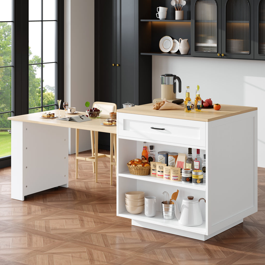 Extendable Bar Table with Storage (133–202 × 70 × 93.5 cm), with Two Drawers and Four Compartments, Expandable Kitchen Island Table for 2–6 People, Kitchen Dining Cart with Side Shelves, White.