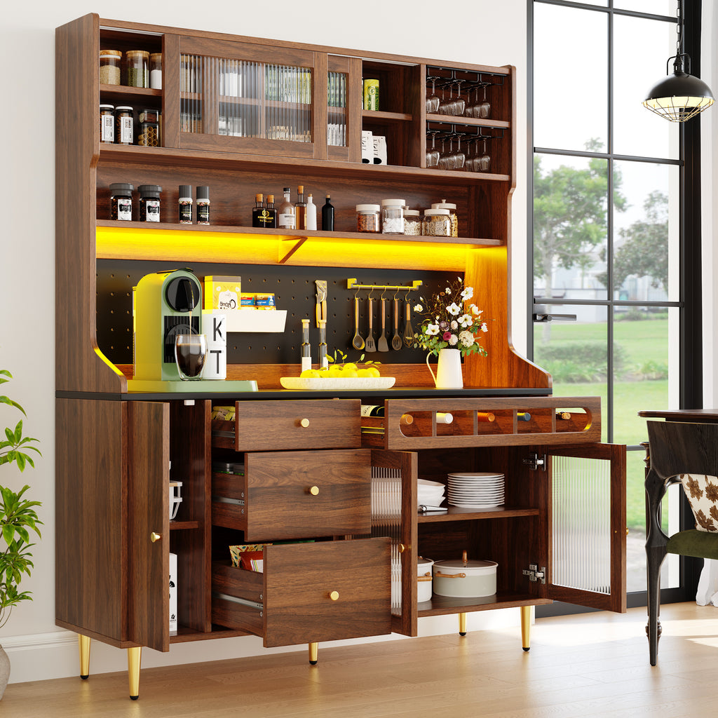 Highboard with Adjustable Shelves & LED Lights, Freestanding Storage Unit for Living Room Kitchen Dining, Tall cabinet with wine rack, Dimensions 145x39x171cm,Walnut color