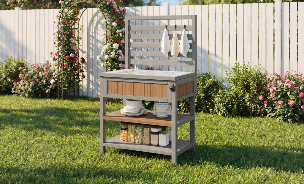Garden cabinet with water basin & tap and integrated bottle opener – weatherproof tool cabinet with large work surface & drawer, grill station with adjustable shelves, outdoor kitchen cabinet