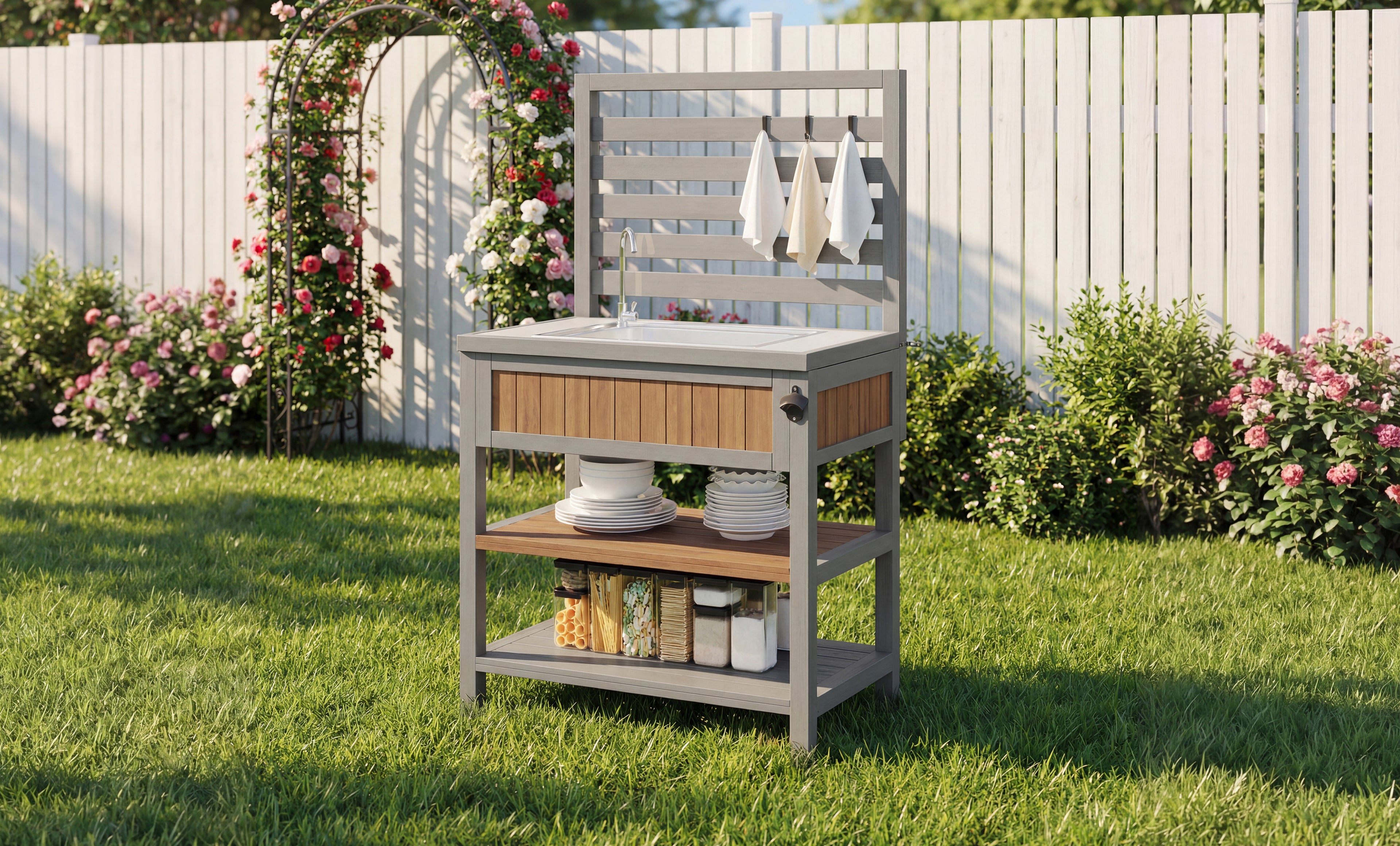 Garden cabinet with water basin & tap and integrated bottle opener – weatherproof tool cabinet with large work surface & drawer, grill station with adjustable shelves, outdoor kitchen cabinet