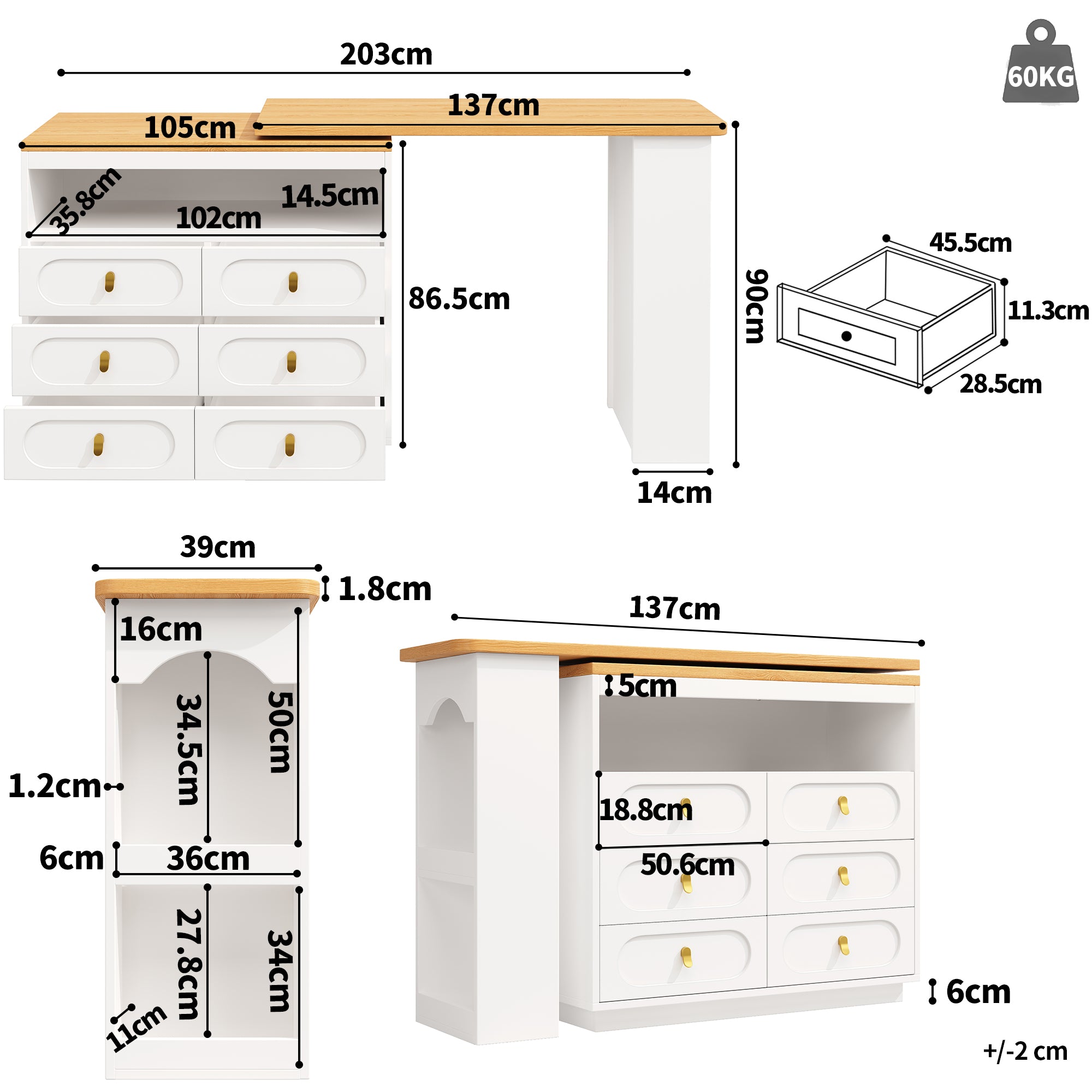 360° rotating bar table (main body 137 x 39 x 90 cm), coffee bar furniture, rotating dining bar with storage, kitchen island, with spice rack, six drawers, open storage space, white