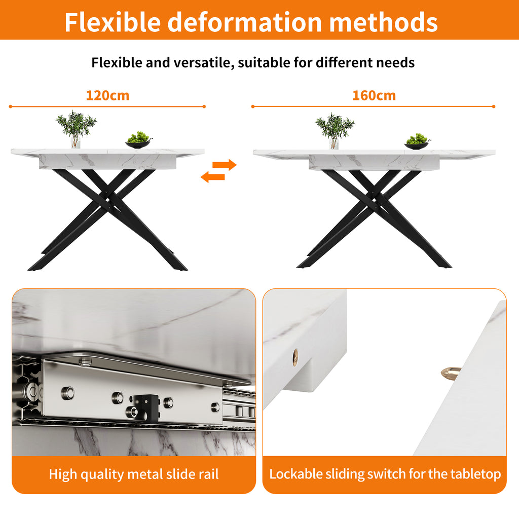 Dining table Telescopic table (120–160 cm), extendable dining table, space-saving kitchen table, black crossed iron legs, for kitchen and living room, white marbled dining table