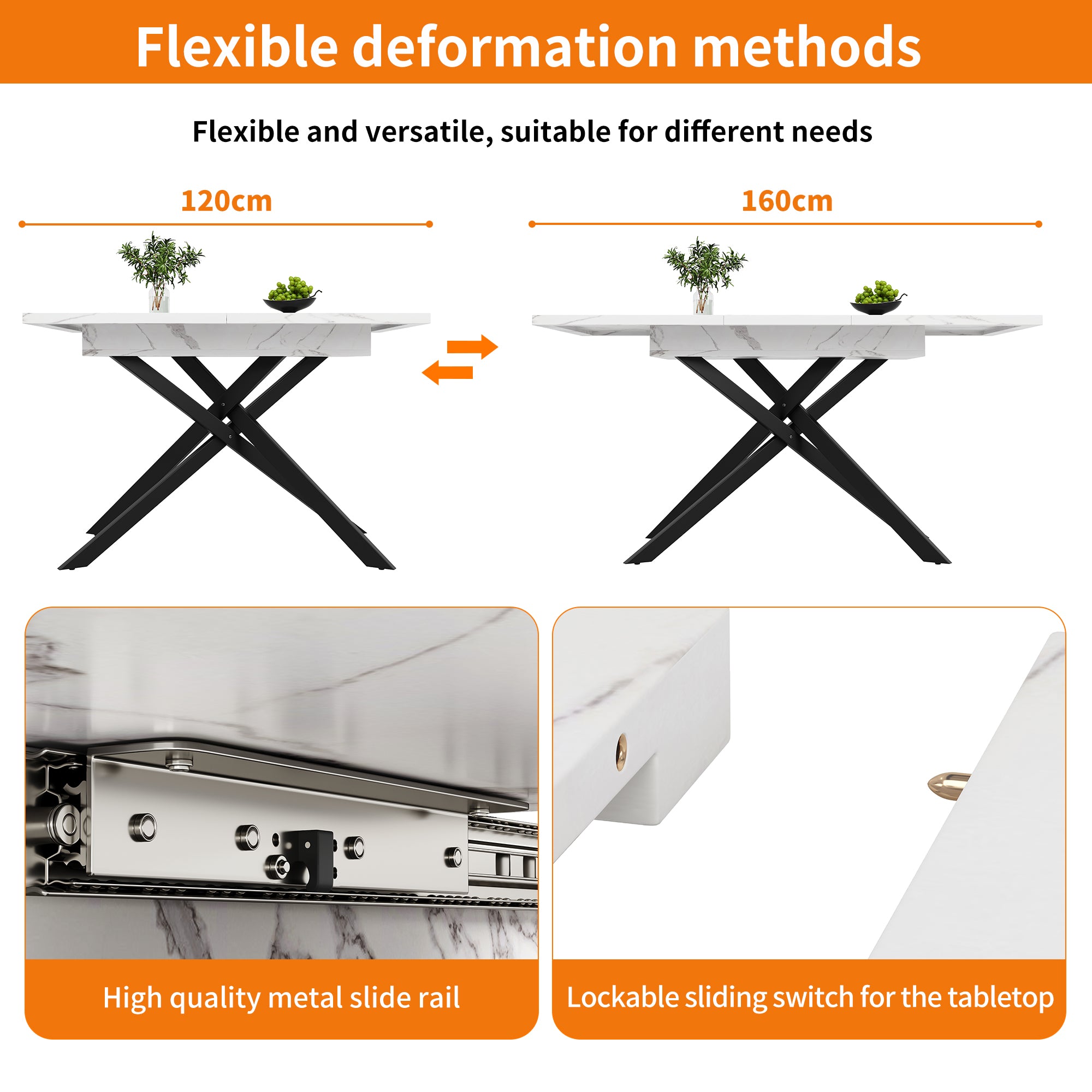 Dining table Telescopic table (120–160 cm), extendable dining table, space-saving kitchen table, black crossed iron legs, for kitchen and living room, white marbled dining table
