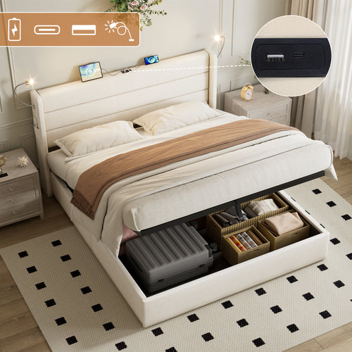 Double Upholstered Bed with Charging Station, Linen Hydraulic Storage Bed with Adjustable LED Reading Light, 4ft6 Double Bed with USB and Type - C Ports, Beige (No Mattress)