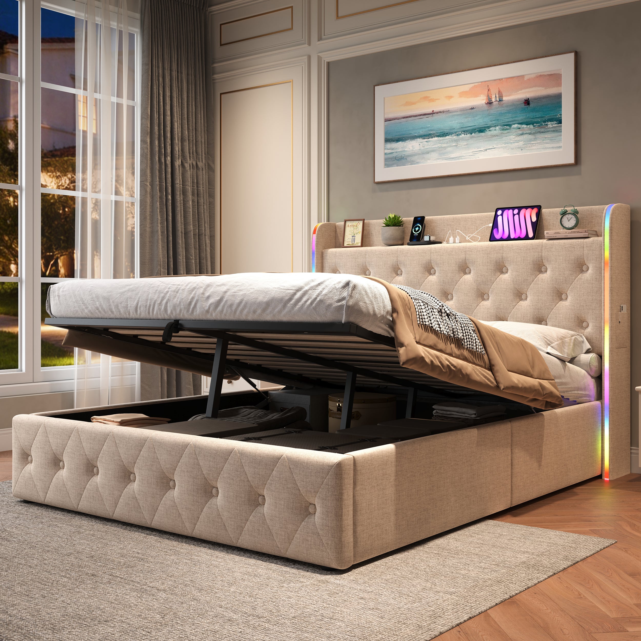 4ft6 Double Upholstered Bed Frame with Hydraulic Storage, LED Headboard with Charging Station and Button-tufted Design, USB and Type-C Ports, Linen, No Box Spring Needed, Beige (No Mattress)
