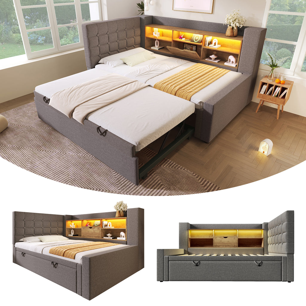 Daybed Upholstered Bed 90 x 190 cm, 3FT Single Sofa Bed with Storage, USB &Type-C Charging Station, Pull out Trundle for Living Room and Bedroom, Linen, Grey (No Mattress)