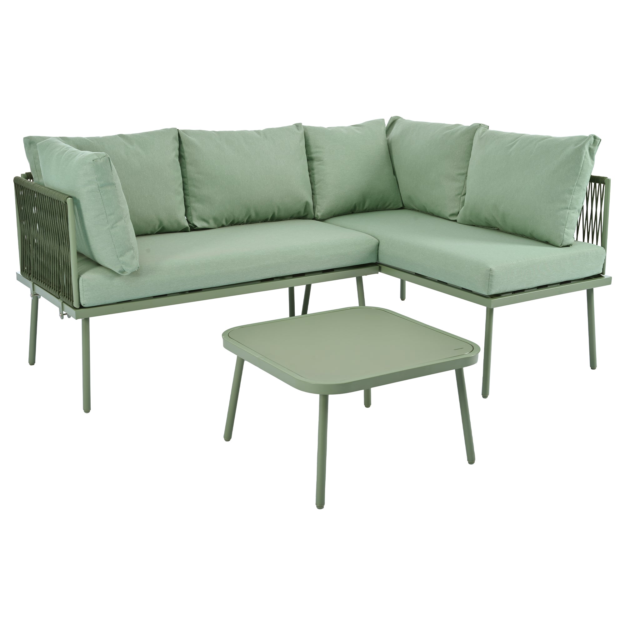 Outdoor Patio&Backyard Furniture Garden Lounge Set for 4-5 people, Thick Quality Space Saving L-Shaped Corner Sofa with Glass Coffee Table, Green