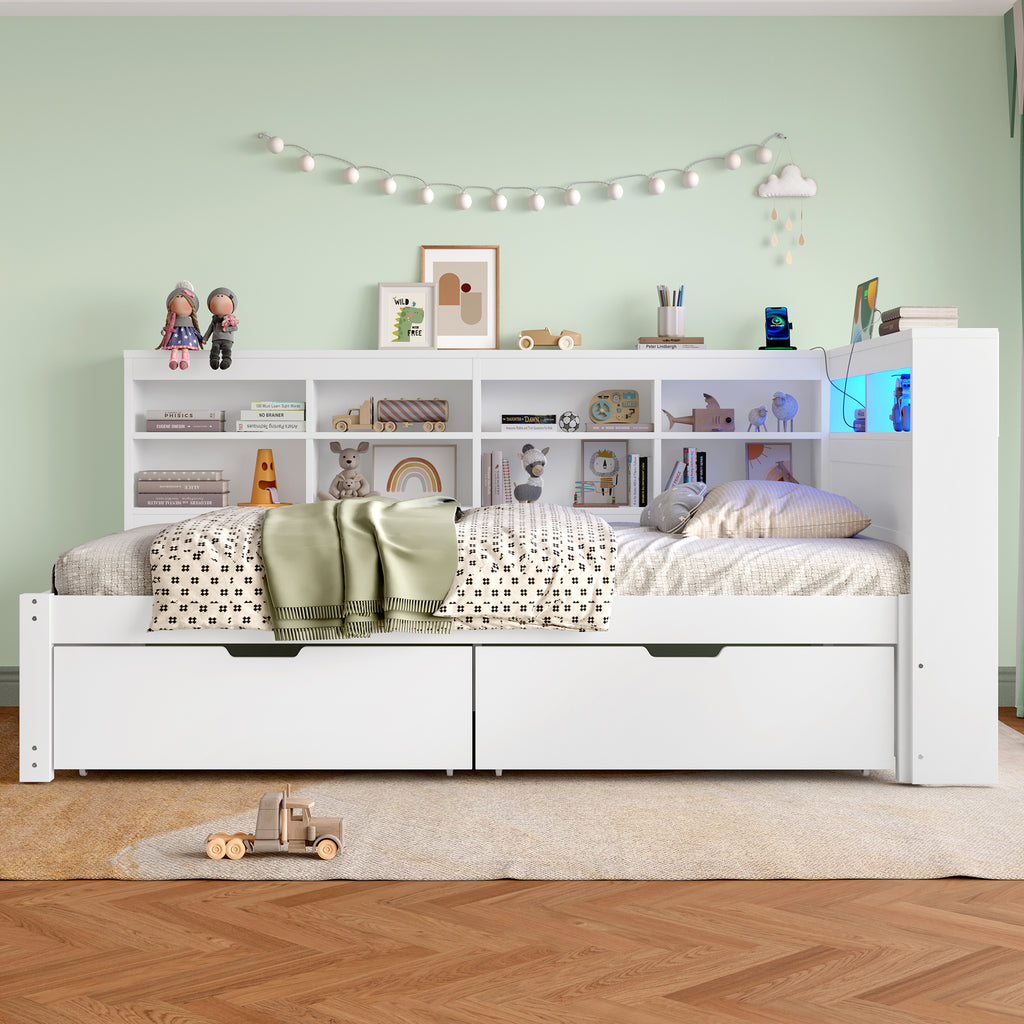 3ft Single Daybed with Two Storage Drawers and Beside Storage, LED Modern Bed frame with Charging Station, Wood Bed for Living Room/ Bedroom/ Study Room, 90X190cm, Easy Assembly, White (No Mattress)