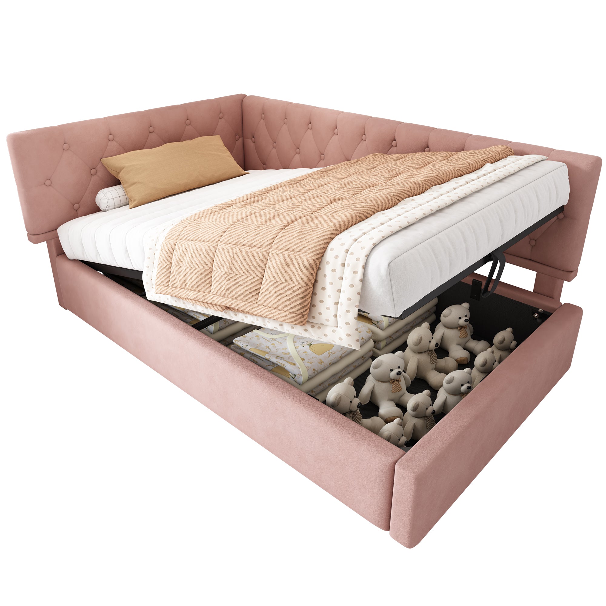 Daybed Upholstered Bed with Storage, 3FT Single Sofa Bed 90 x 190 cm, Ottoman Bed with Hydraulic Storage, Metal Slatted Bed Frame, Velvet, Pink (No Mattress)