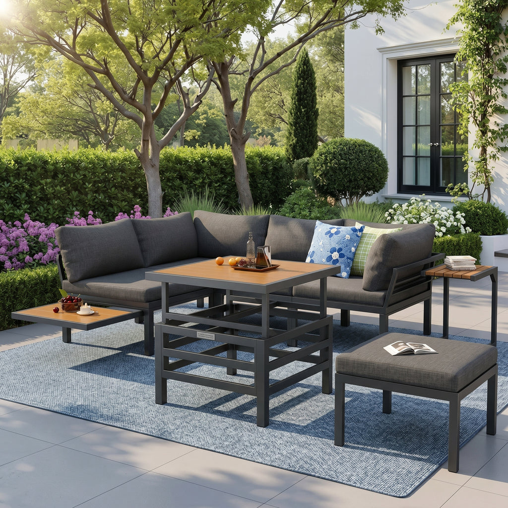 Outdoor Patio Furniture Set (2 Double Sofas + 1 Ottoman), 1 Plastic Lift-Top Coffee Table, Galvanized Iron Frame, with Seat Cushions & Pillows, Includes Small Side Table with Extendable Tabletop