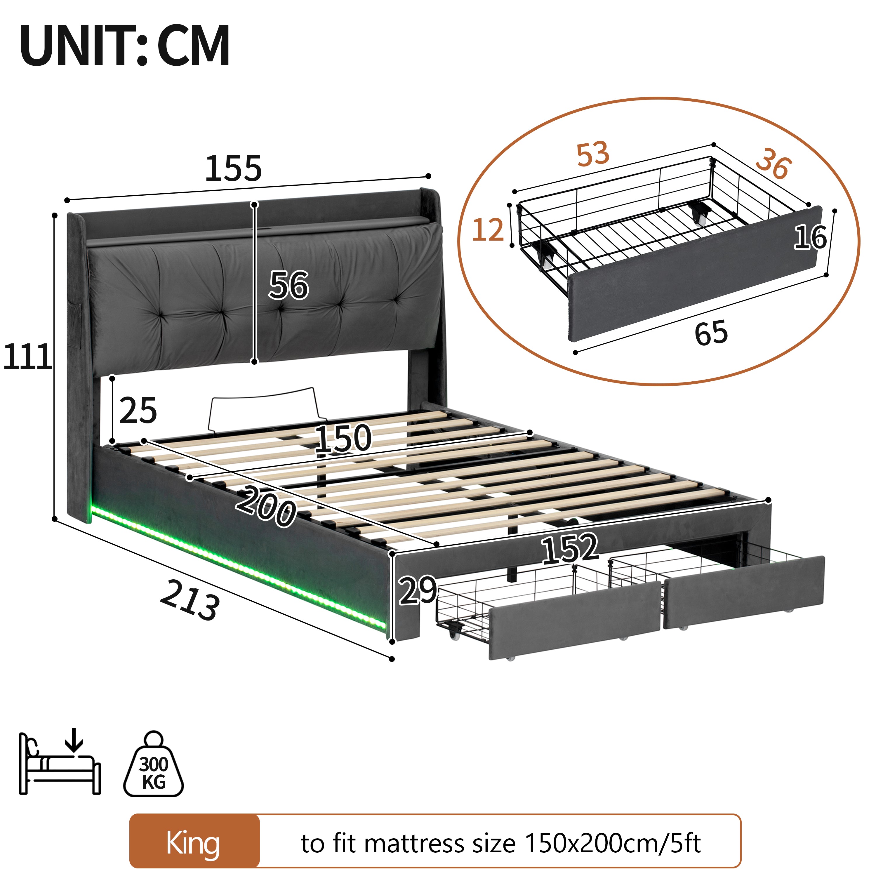 5ft King Upholstered Bed Frame with Hydraulic and Drawers Storage, Back Cushion Headboard with Charging Station,  Velvet Ottoman Hydraulic Bed with RGB LED Lighting, Grey (No Mattress)