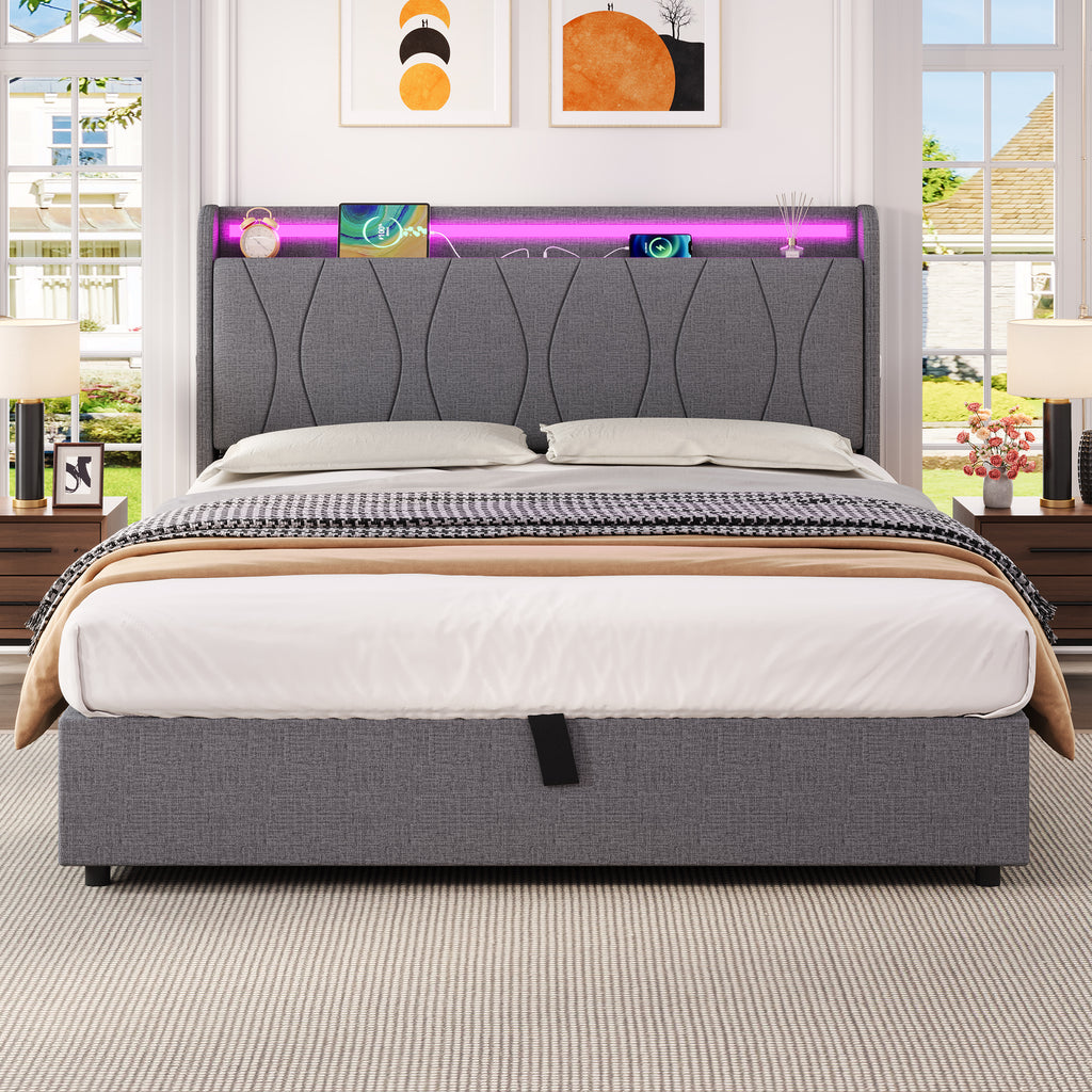 4ft6 Double Upholstered Bed Frame with Hydraulic Storage, LED Headboard with Charging Station and Concealed Headboard Storage, USB and Type - C Ports, Linen, No Box Spring Needed, Grey (No Mattress)