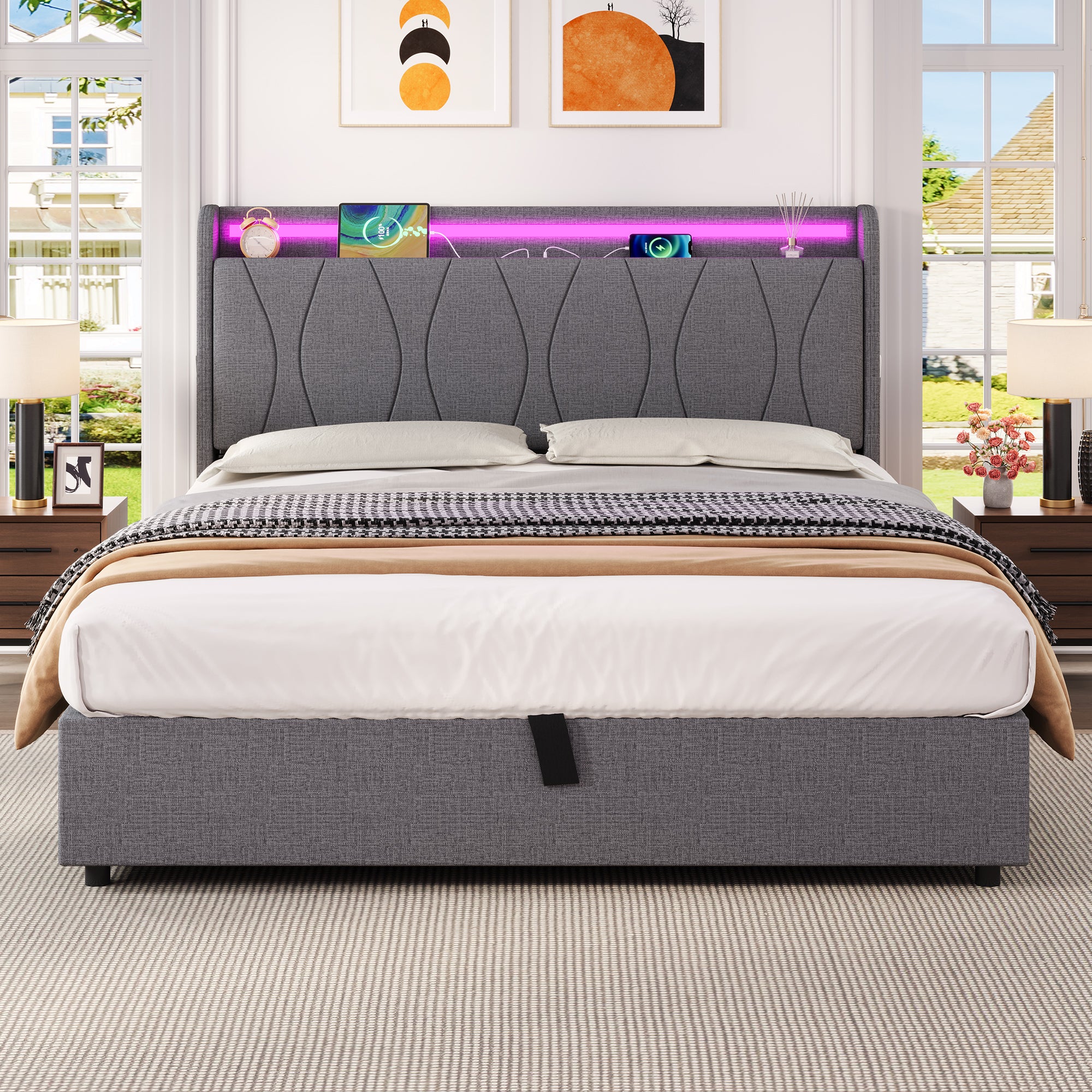 4ft6 Double Upholstered Bed Frame with Hydraulic Storage, LED Headboard with Charging Station and Concealed Headboard Storage, USB and Type - C Ports, Linen, No Box Spring Needed, Grey (No Mattress)
