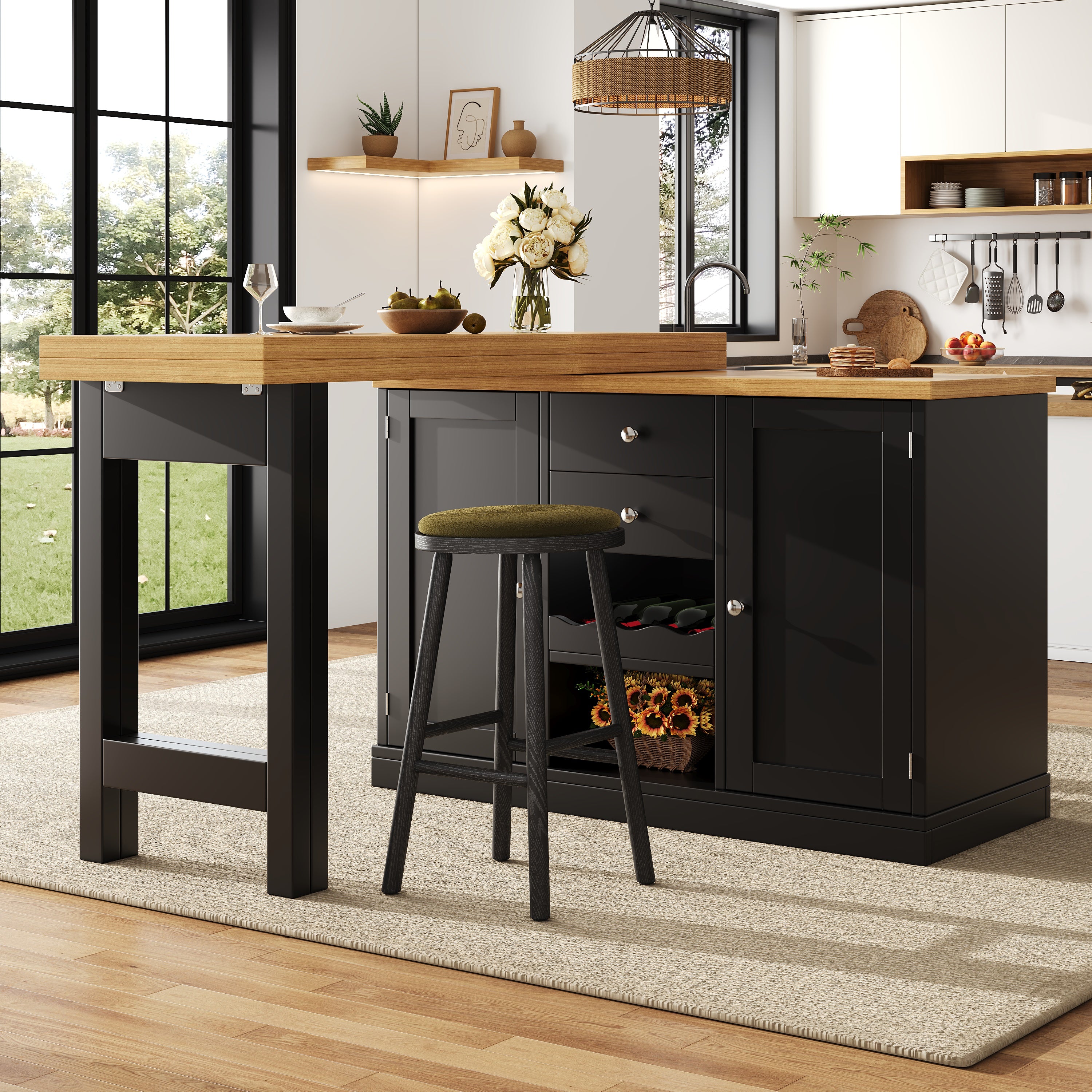 Extendable Sideboard & Dining Table Combo, 2 Drawers & Snack rack, Space-Saving Sideboard for Small Flats, White/Black