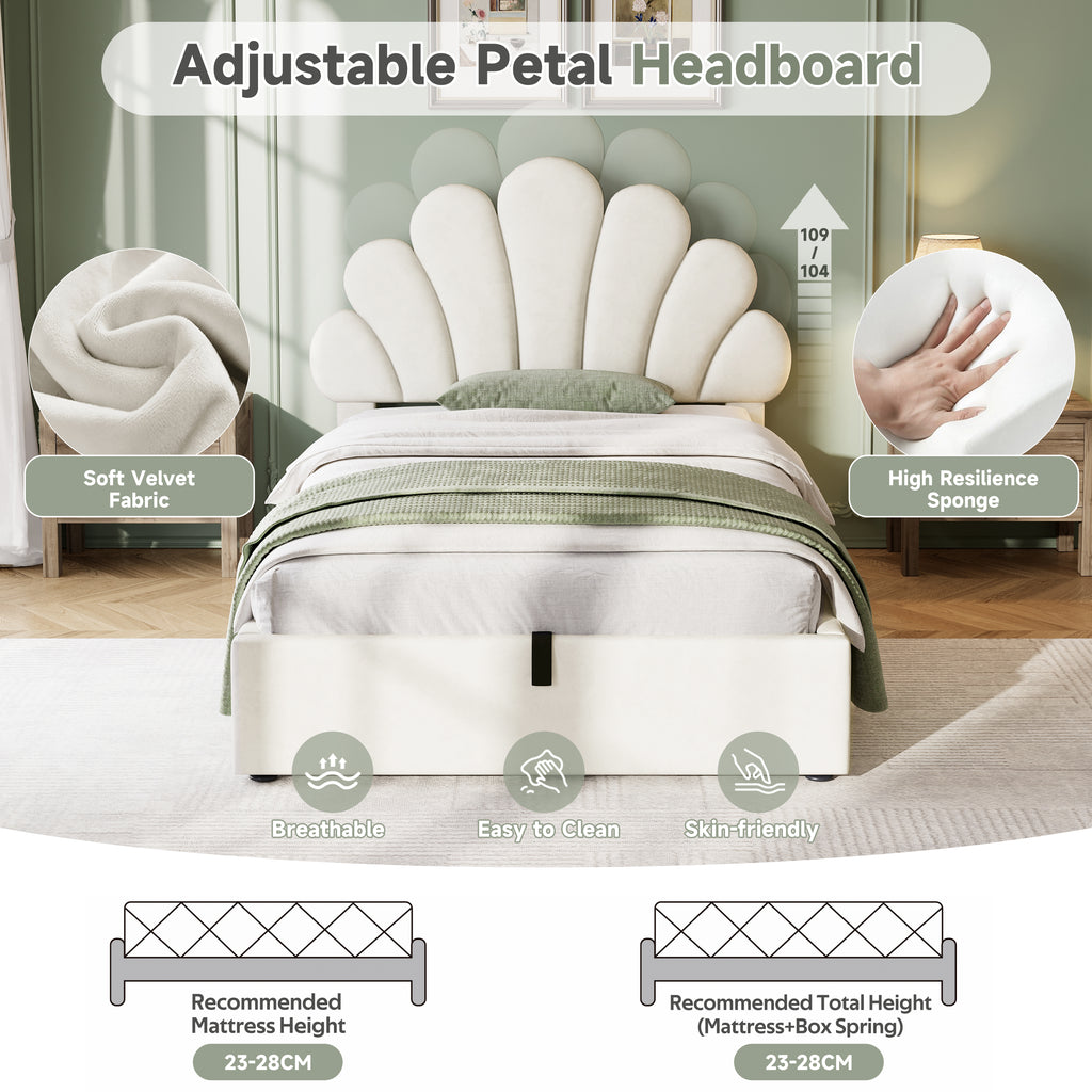 3ft Single Upholstered Hydraulic Bed with Adjustable Chic Petal Headboard, Soft Velvet Bed Frame with Hydraulic Storage, Petal Bed with Solid Wood Slat, No Box Spring Needed, Beige (No Mattress)