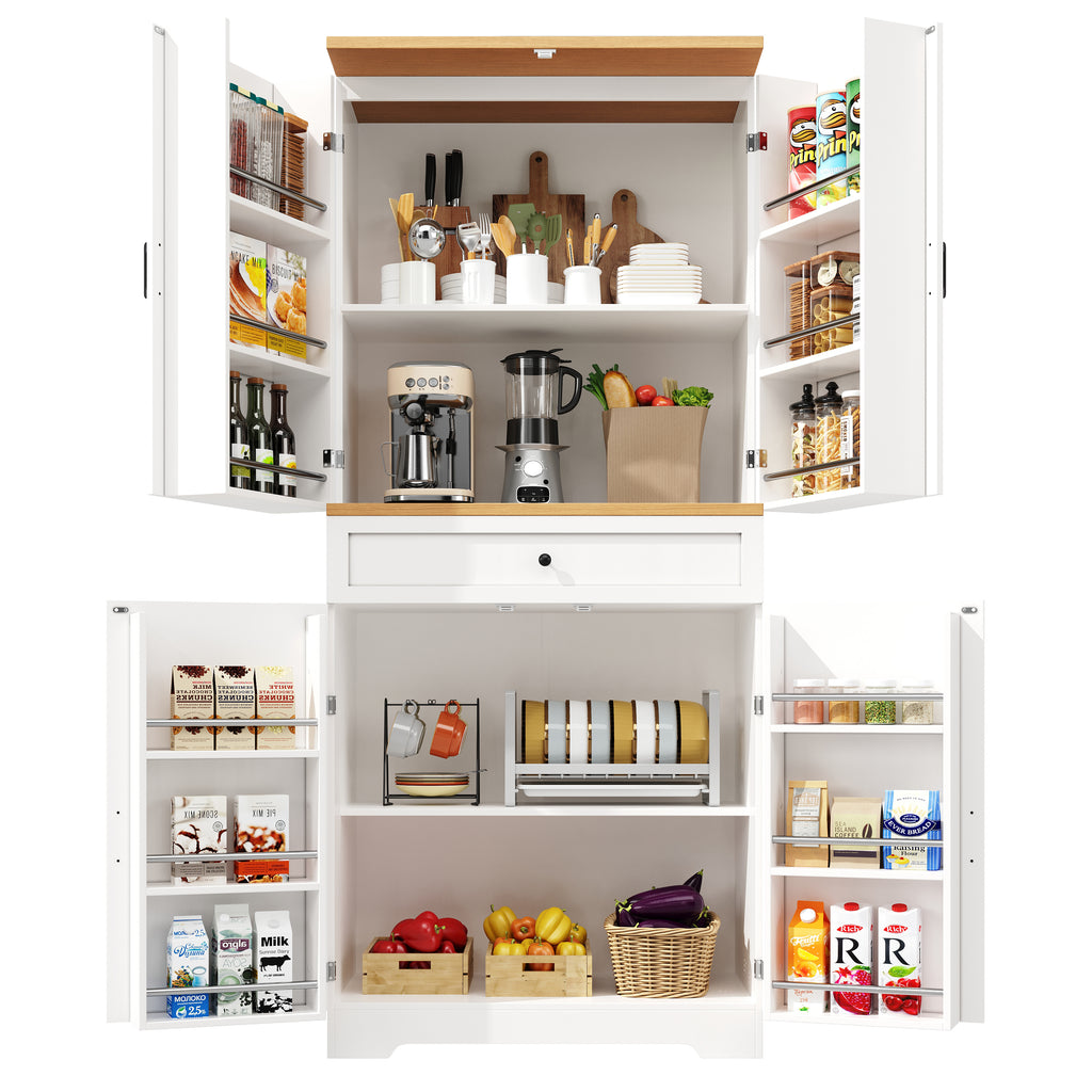 Snack cabinet, kitchen cabinet (80 x 40 x 180 cm), tall kitchen sideboard, storage sideboard, kitchen sideboard with door frame, white, suitable for living room, kitchen, dining room