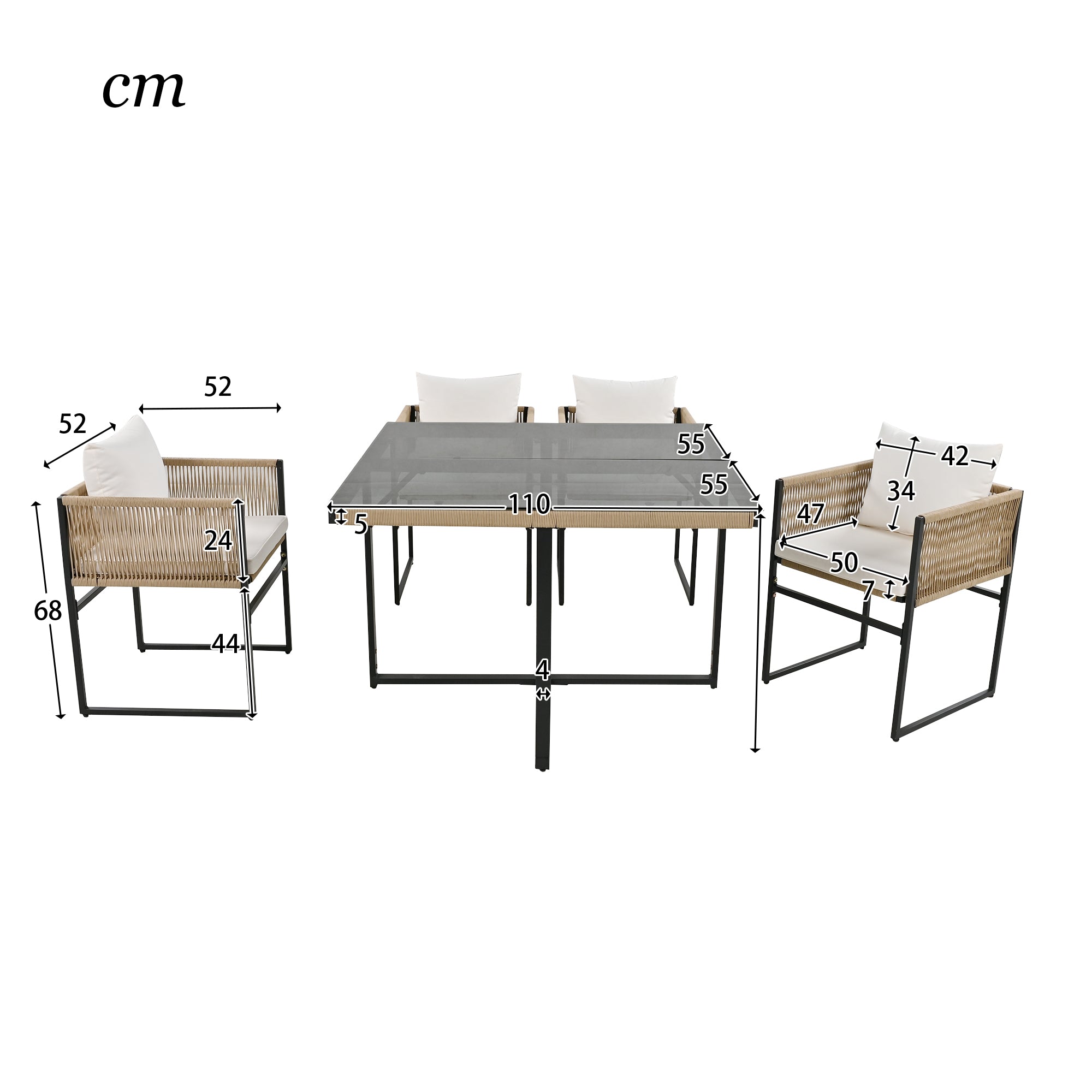 Garden Dining Set 5 Piece Set with 1 Dining Table, 4 Stackable Chairs (Garden Furniture Set, 5-pc, Seating Group), Fine Rope, Iron, Table Top Made of 5mm Thick Safety Glass