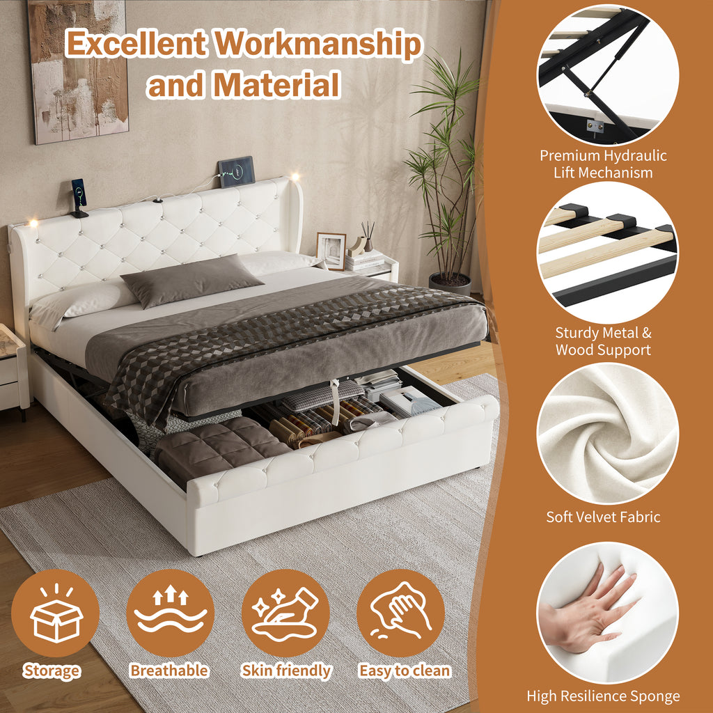 5ft King Upholstered Bed Frame with Hydraulic Storage,  Diamond Tufted Headboard with Charging Station and Reading Light, USB and Type - C Ports, Velvet, Beige (No Mattress)