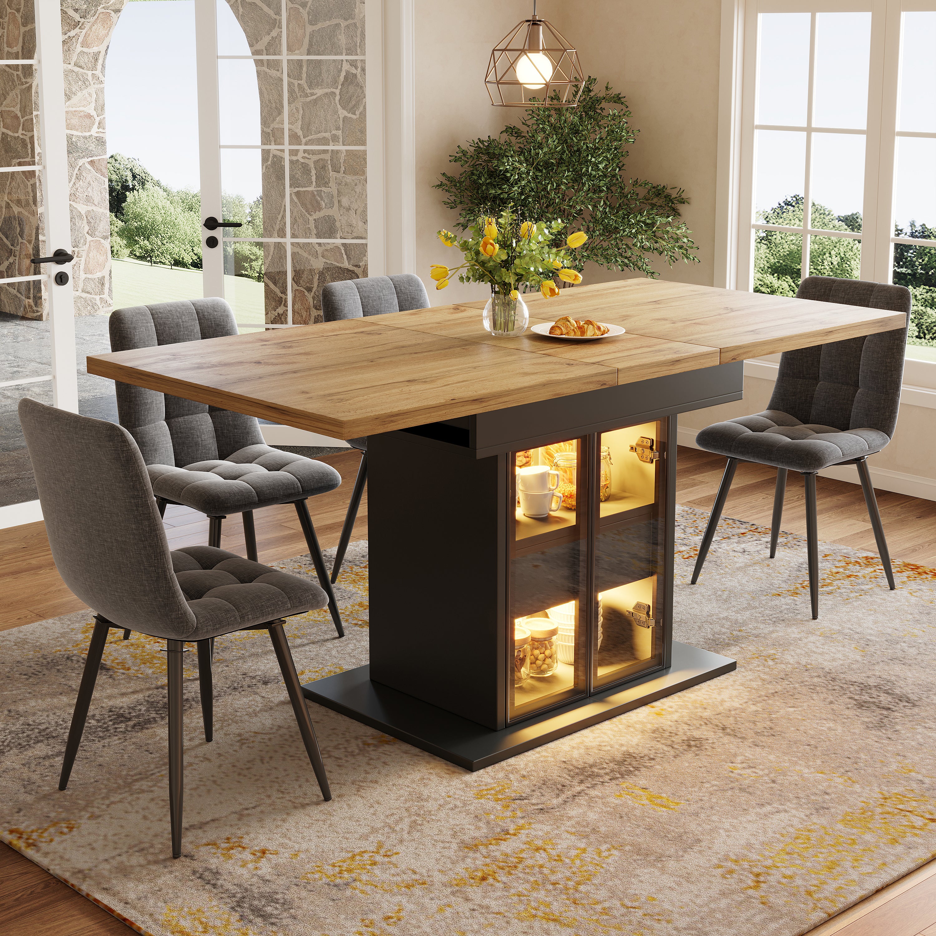 Extendable dining table with storage space & RGB LED lighting, 110–140cm, glass sliding doors & concealed push handles, white/black