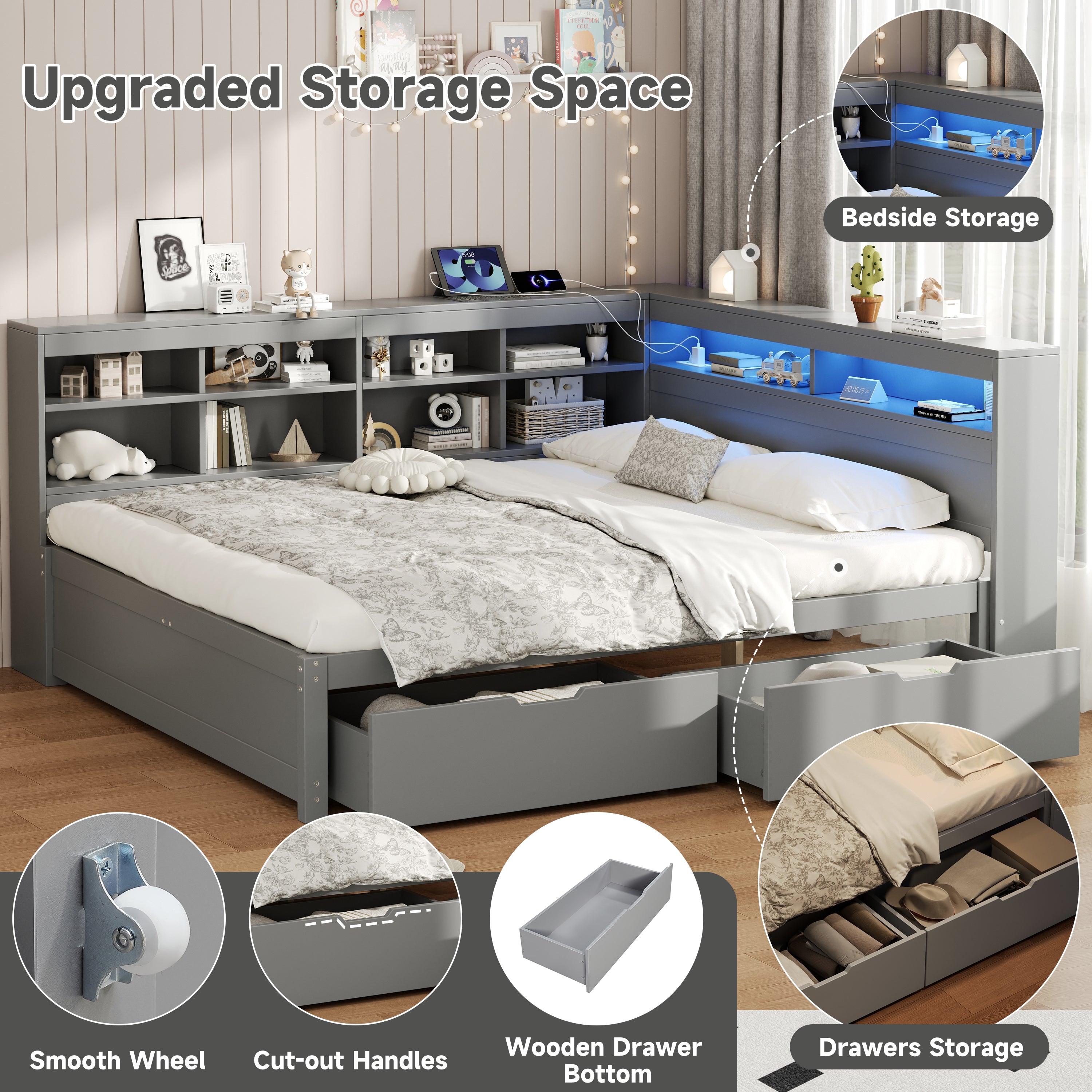 4ft6 Double Daybed with Two Storage Drawers and Beside Storage, LED Modern Bed frame with Charging Station, Wood Bed for Living Room/ Bedroom/ Study Room, 135X190cm, Easy Assembly, Grey (No Mattress)