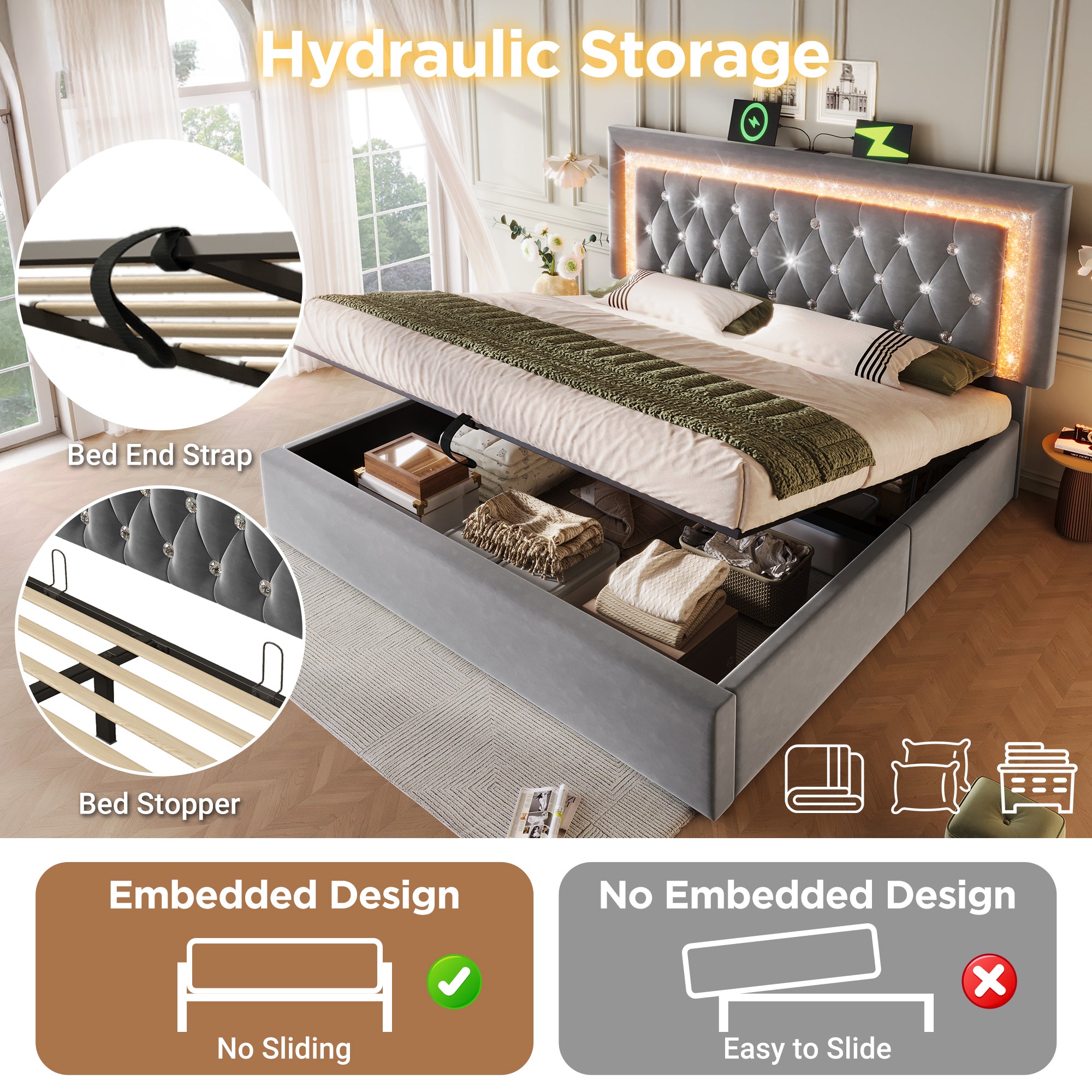Upholstered Super King Size Bed 180 x 200 cm with LED Lighting, USB Type-C Charging, 6ft Hydraulic Storage Bed with Adjustable Diamond Tufted Headboard, Velvet, Grey (No Mattress)