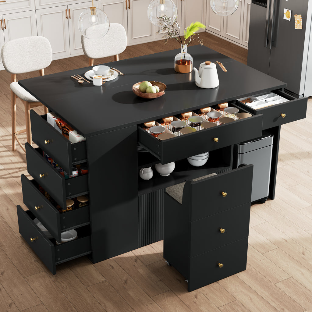 Adjustable Kitchen Island with Bar Stools - Sideboard & Cabinet with 6 Drawers, Width 140-70cm, White/Black