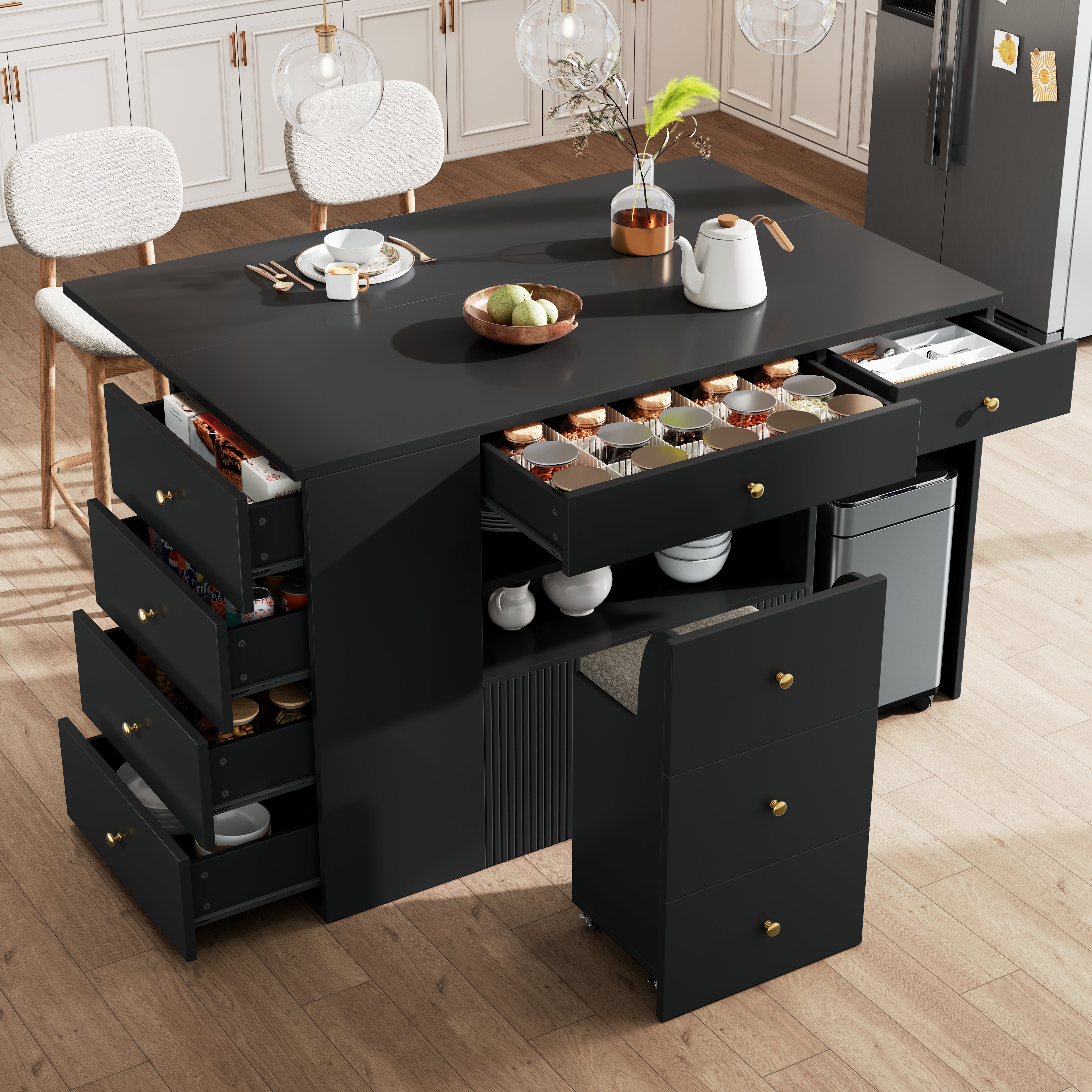 Adjustable Kitchen Island with Bar Stools - Sideboard & Cabinet with 6 Drawers, Width 140-70cm, White/Black