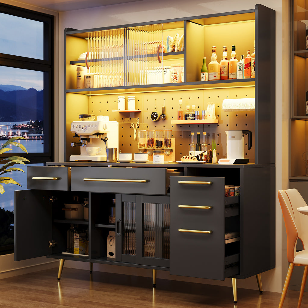 Modern sideboard with LED lighting, tall cabinet for kitchen and living room, storage cabinet with perforated wall, drawer and glass shelves, black