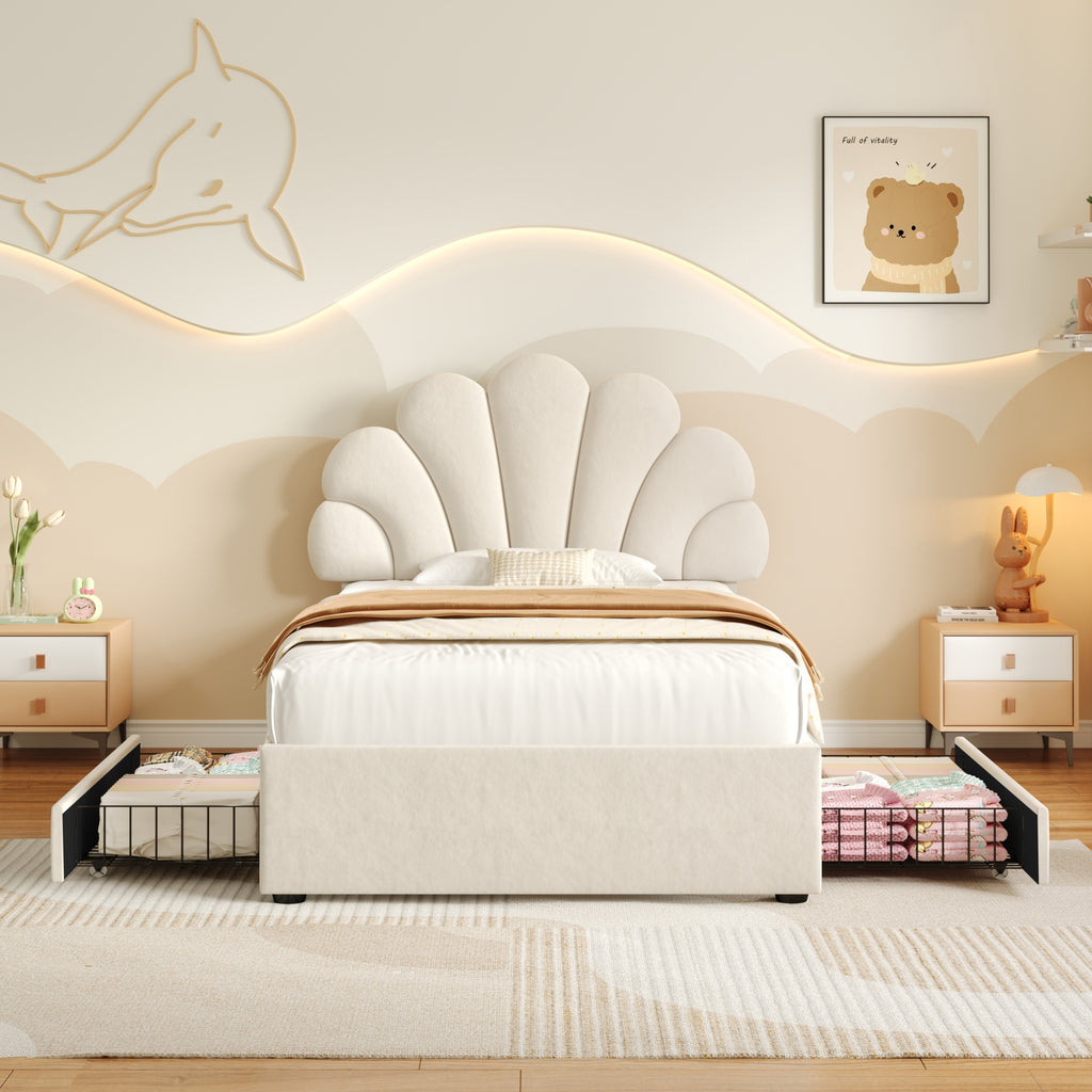 3ft Single Upholstered Bed with Adjustable Chic Petal Headboard, Soft Velvet Bed Frame with 2 Storage Drawers, Petal Bed with Solid Wood Slat, No Box Spring Needed, Easy Assembly, Beige (No Mattress)