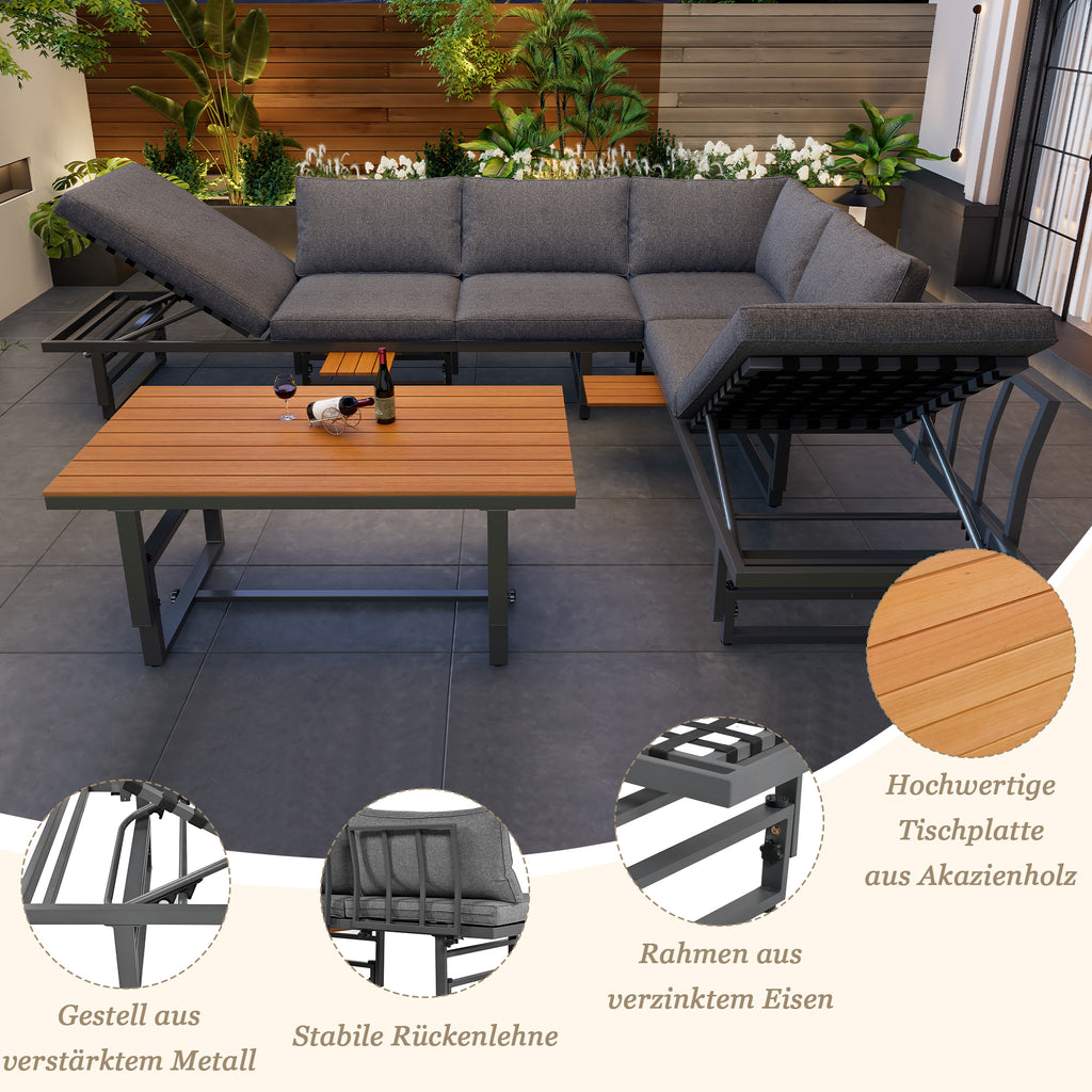 Outdoor Garden Furniture Set With 2 Sofas and Table with Galvanised Iron Frame, Adjustable Backrests, Adjustable Table, Acacia Wood, Including All Seat Cushions and Pillows, Grey