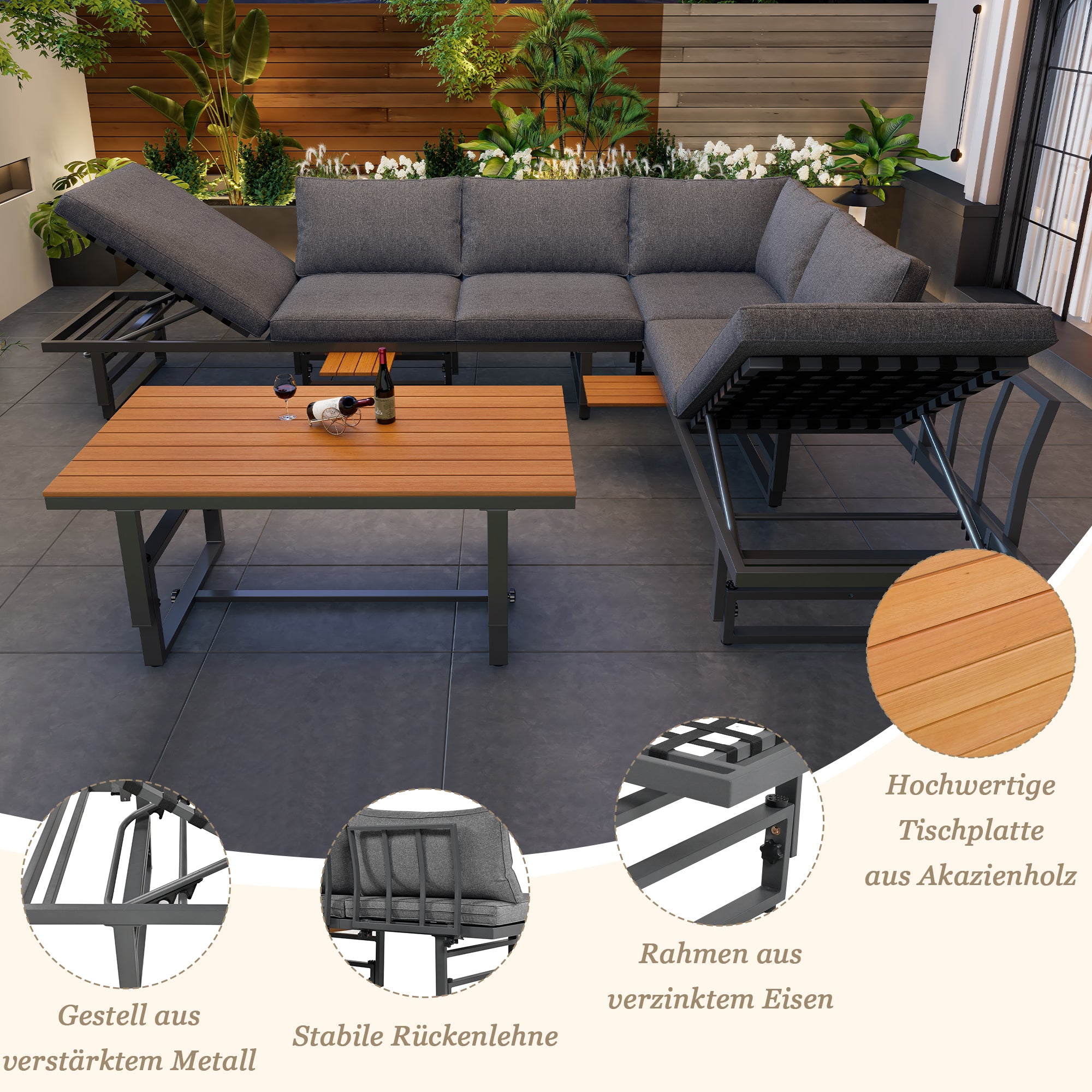 Outdoor Garden Furniture Set With 2 Sofas and Table with Galvanised Iron Frame, Adjustable Backrests, Adjustable Table, Acacia Wood, Including All Seat Cushions and Pillows, Grey