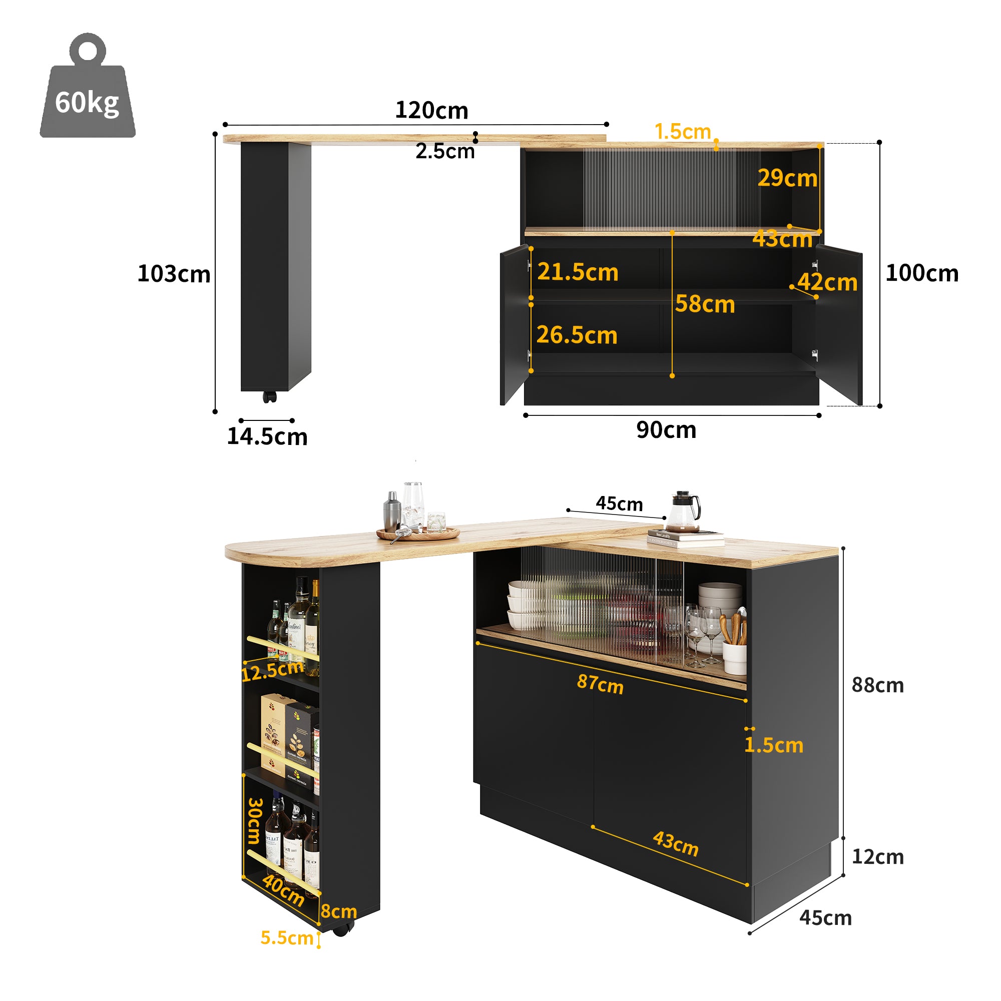 360° swivelling dining bar (main body 90 x 45 x 100 cm), black, modern, simple, multifunctional, swivelling sideboard with shelves and glass, suitable for kitchens and restaurants