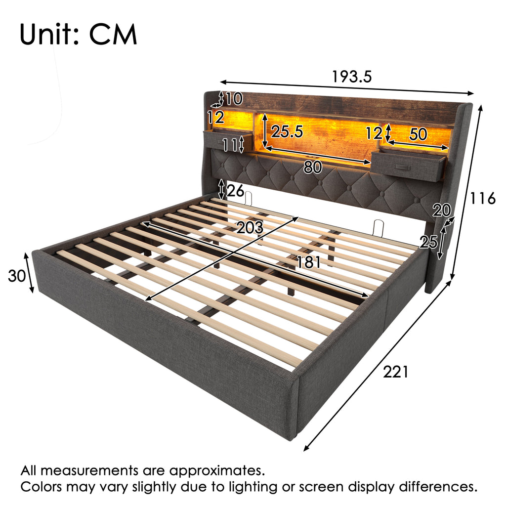 Upholstered Bed 6ft Hydraulic Bed with LED Lighting, USB Type-C Charging, Storage Headboard for Cellphones & Tablets, 180 x 200 cm Super King Bed with Metal Slatted Frame, Linen, Grey (No Mattress)