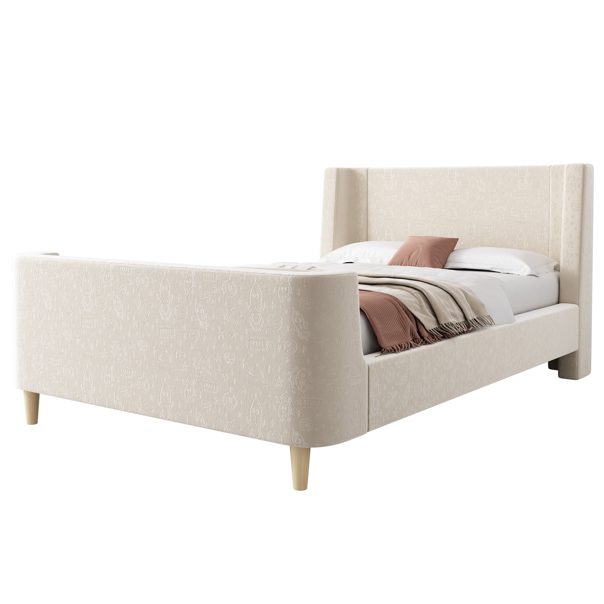 3FT Upholstered Bed, 90 x 190 cm Single Bed with Cosmic Pattern, Sleigh-style Teen Bed, Bed Frame for Boys and Girls, Beige, Velvet (Without Mattress)