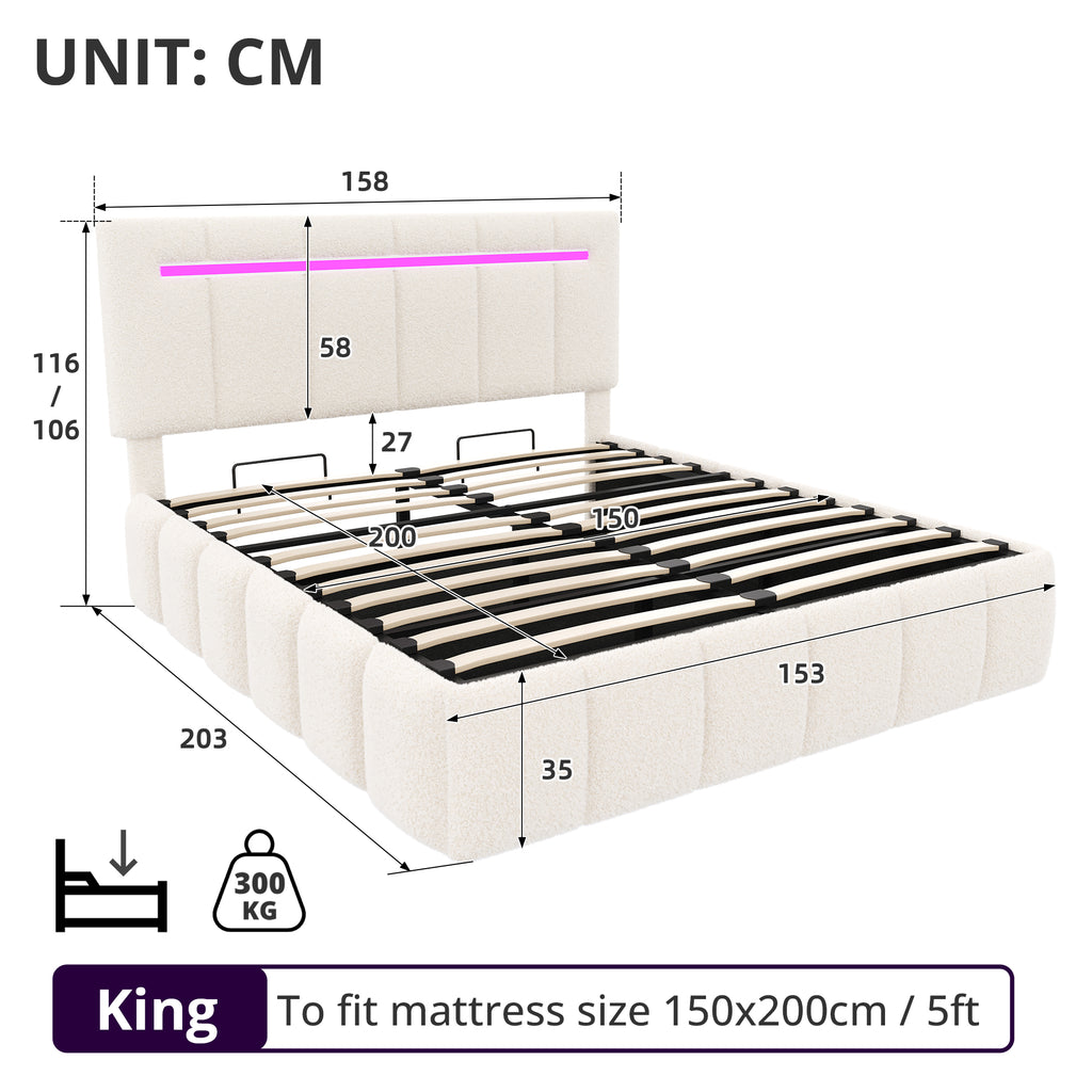 5ft King Upholstered Bed Frame with Hydraulic Storage,  LED Channel Tufted Adjustable Headboard with Charging Station, USB and Type - C Ports, Boucle Fabric, Beige (No Mattress)