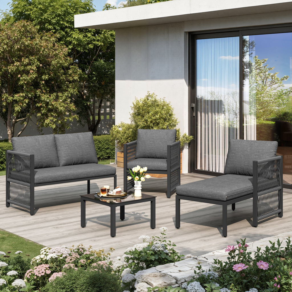 Garden Set with Tempered Glass Coffee Table, Convertible 4-5 Seater Polyester Rope Patio Set with Lounge Sofa and Armchairs, Weatherproof Outdoor Patio Corner Sofas for Balcony and Terrace, Grey