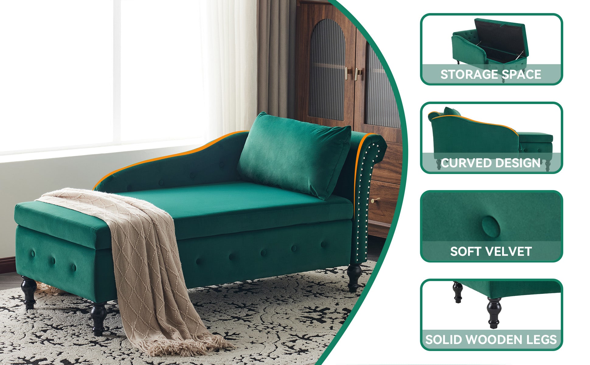 Velvet Chaise Lounge Sofa with Storage, Upholstered Chaise lounge Couch with Pillow for Living Room, Modern Nailhead-Trim & Button-tufted Lounge Chair, Bedroom and Office, Right Armrest