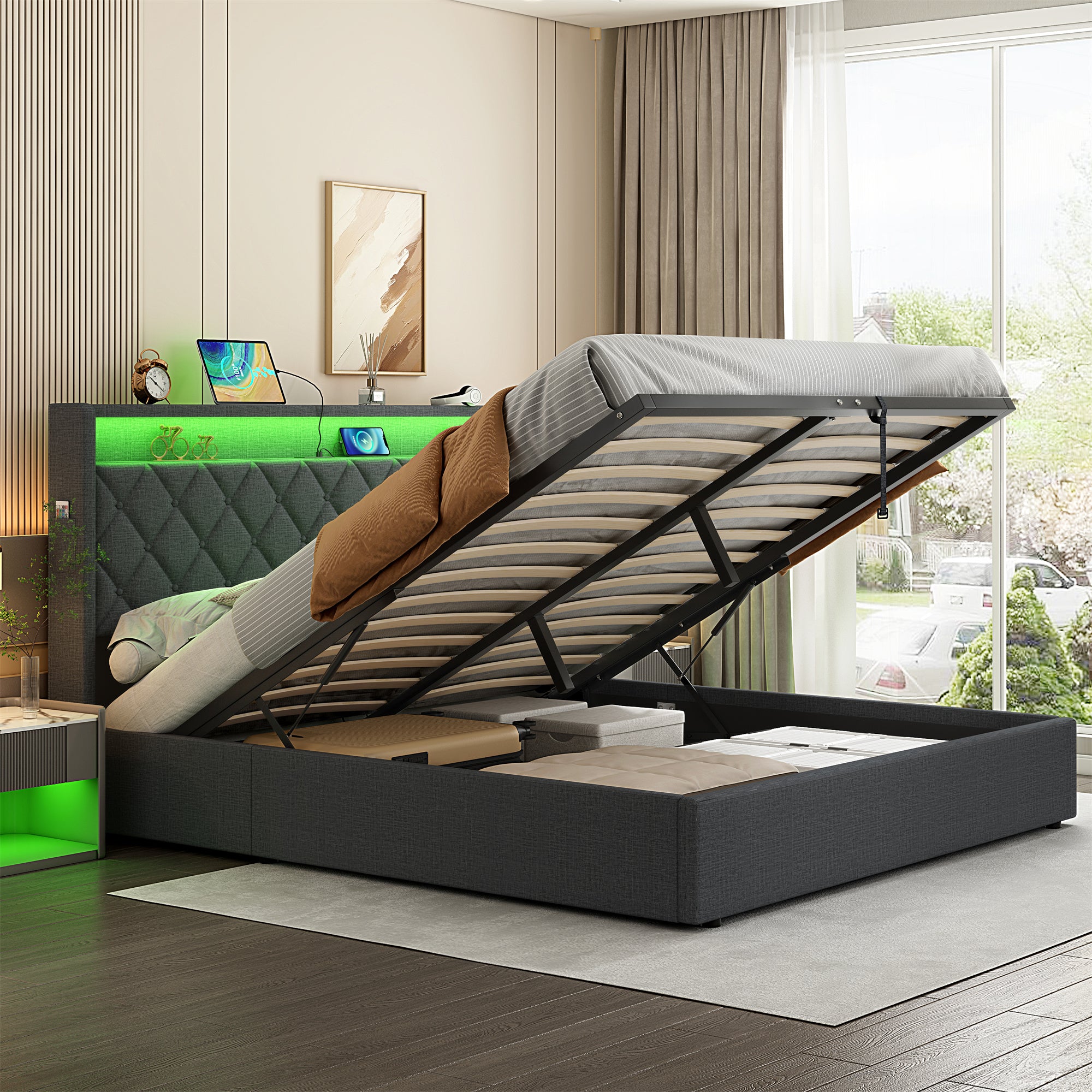 4ft6 Double Upholstered Bed Frame with Hydraulic Storage, Linen Ottoman Bed with LED Lighting, Button Tufted Storage Headboard with Charging Station, No Box Spring Needed, Grey (No Mattress)