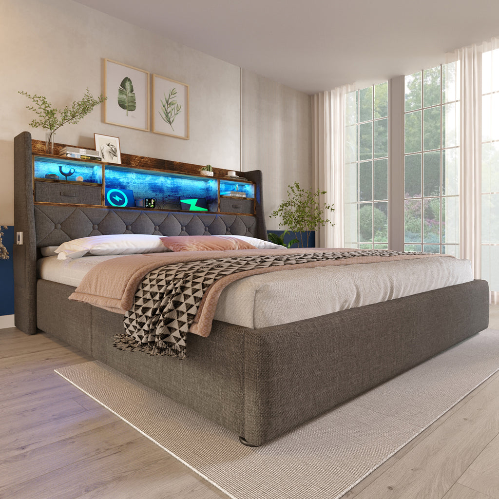 Upholstered Bed 6ft Hydraulic Bed with LED Lighting, USB Type-C Charging, Storage Headboard for Cellphones & Tablets, 180 x 200 cm Super King Bed with Metal Slatted Frame, Linen, Grey (No Mattress)