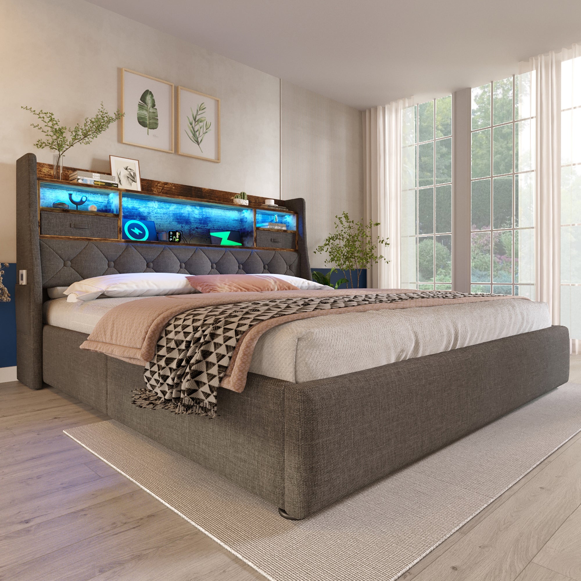 Upholstered Bed 6ft Hydraulic Bed with LED Lighting, USB Type-C Charging, Storage Headboard for Cellphones & Tablets, 180 x 200 cm Super King Bed with Metal Slatted Frame, Linen, Grey (No Mattress)