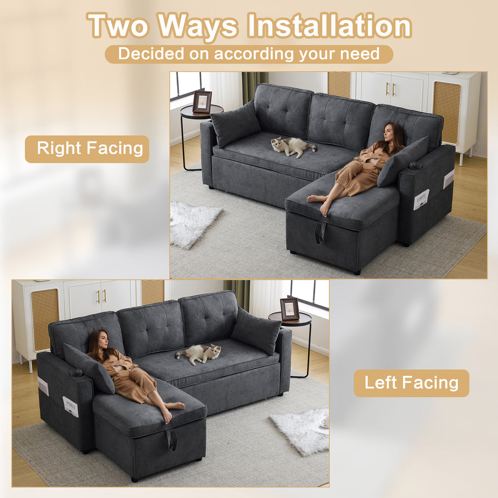 3-in-1 Convertible Sofa Bed with Internal Storage Chaise, L Shaped Sleeper Sofa Couches with Cup Holders, Pillows and Storage Pocket. Pullout Sectional Daybed for Living Room/Bedroom/Office, Grey