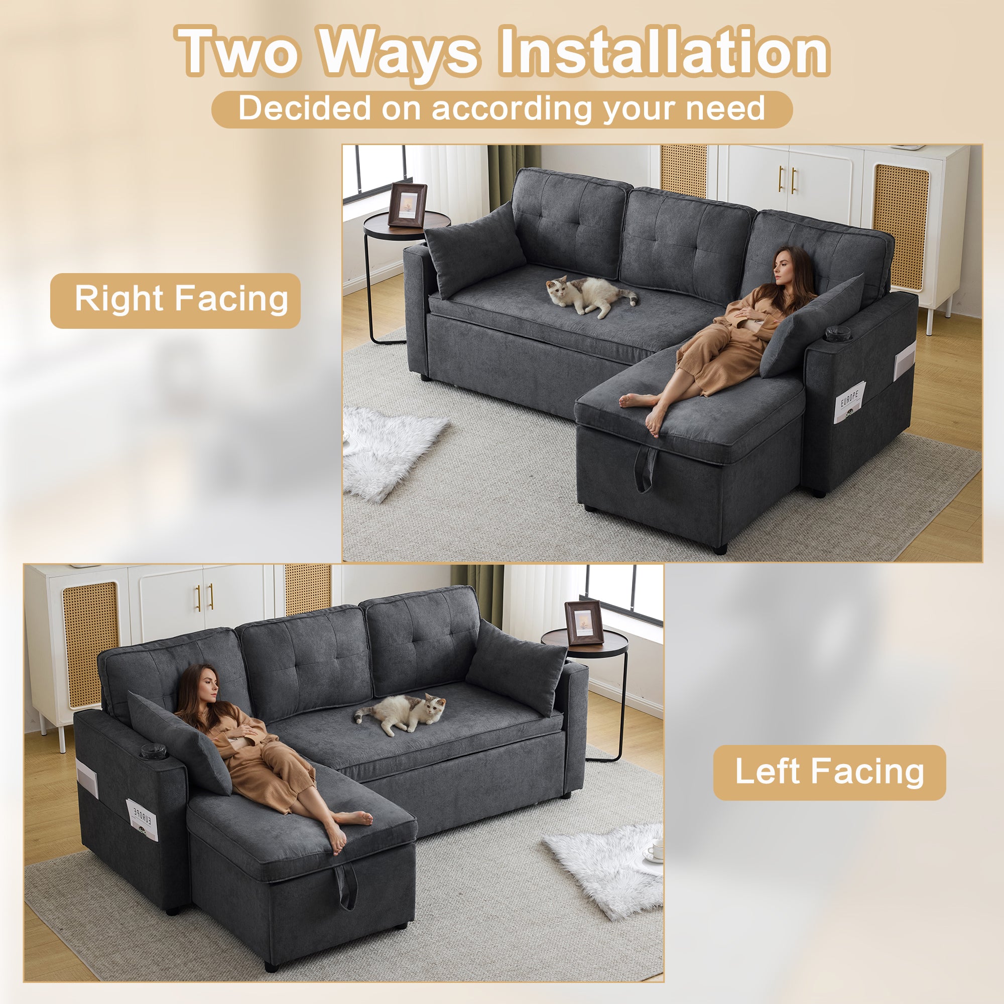 3-in-1 Convertible Sofa Bed with Internal Storage Chaise, L Shaped Sleeper Sofa Couches with Cup Holders, Pillows and Storage Pocket. Pullout Sectional Daybed for Living Room/Bedroom/Office, Grey