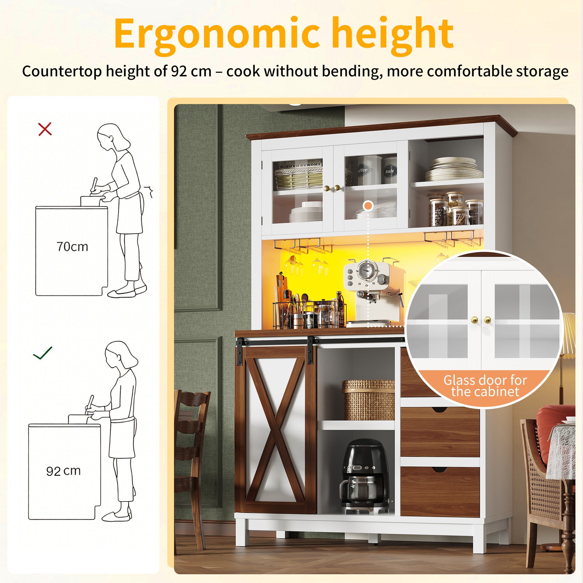 Modern tall cabinet with LED lighting & app control, kitchen cabinet or dining room cabinet with drawer, sideboard with sliding door and three drawers,White