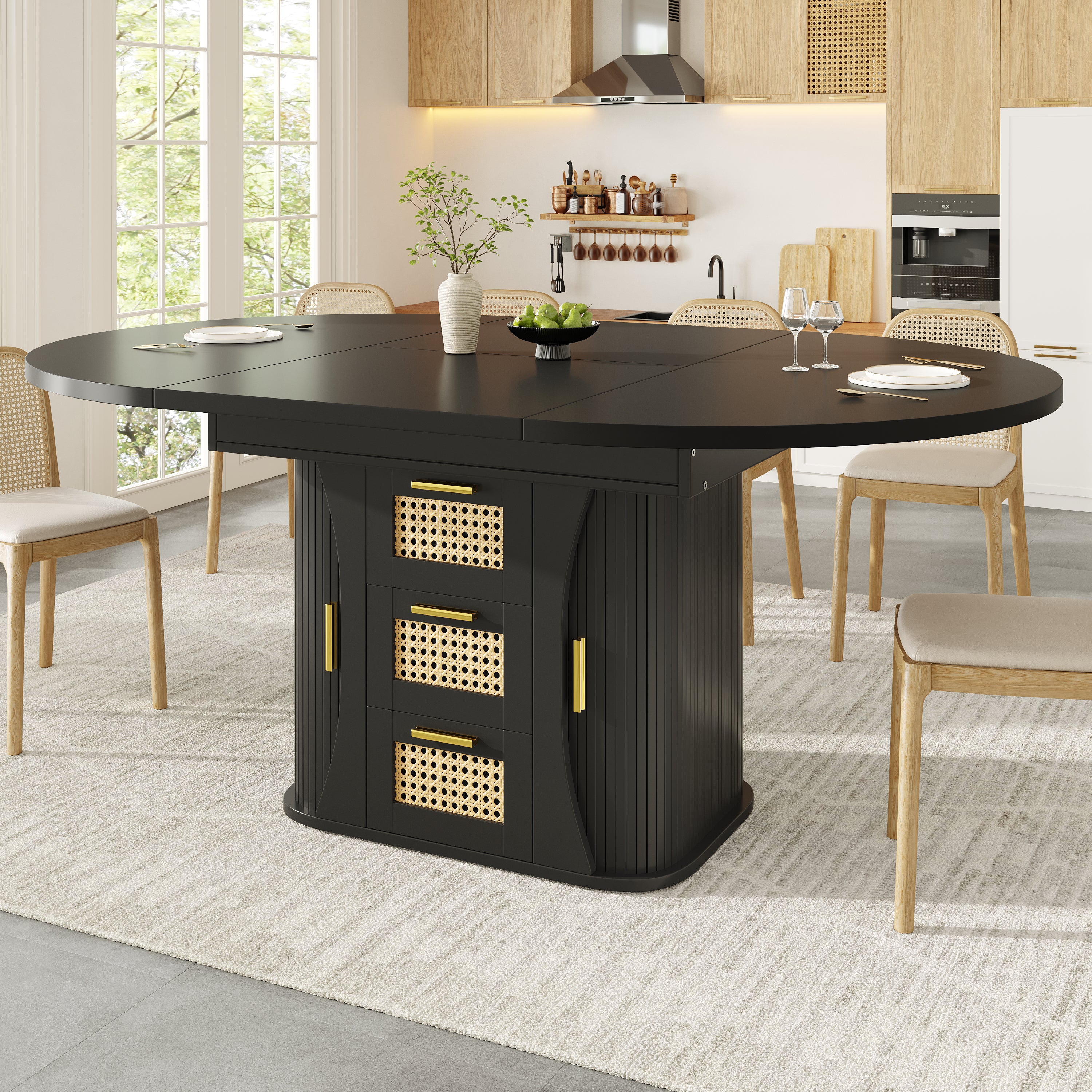 Extendable dining table with storage, 118–158cm table with rattan drawers, MDF wood look, black / natural wood / oak look