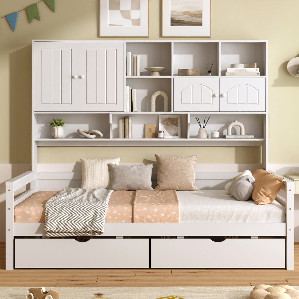 3ft Single Bed with Two Storage Drawers and Bookcase headboard, Wooden Bed Frame with Storage and Guardrail, Space-Saving Design for Bedroom, Dorm and Study Room, White (No Mattress)