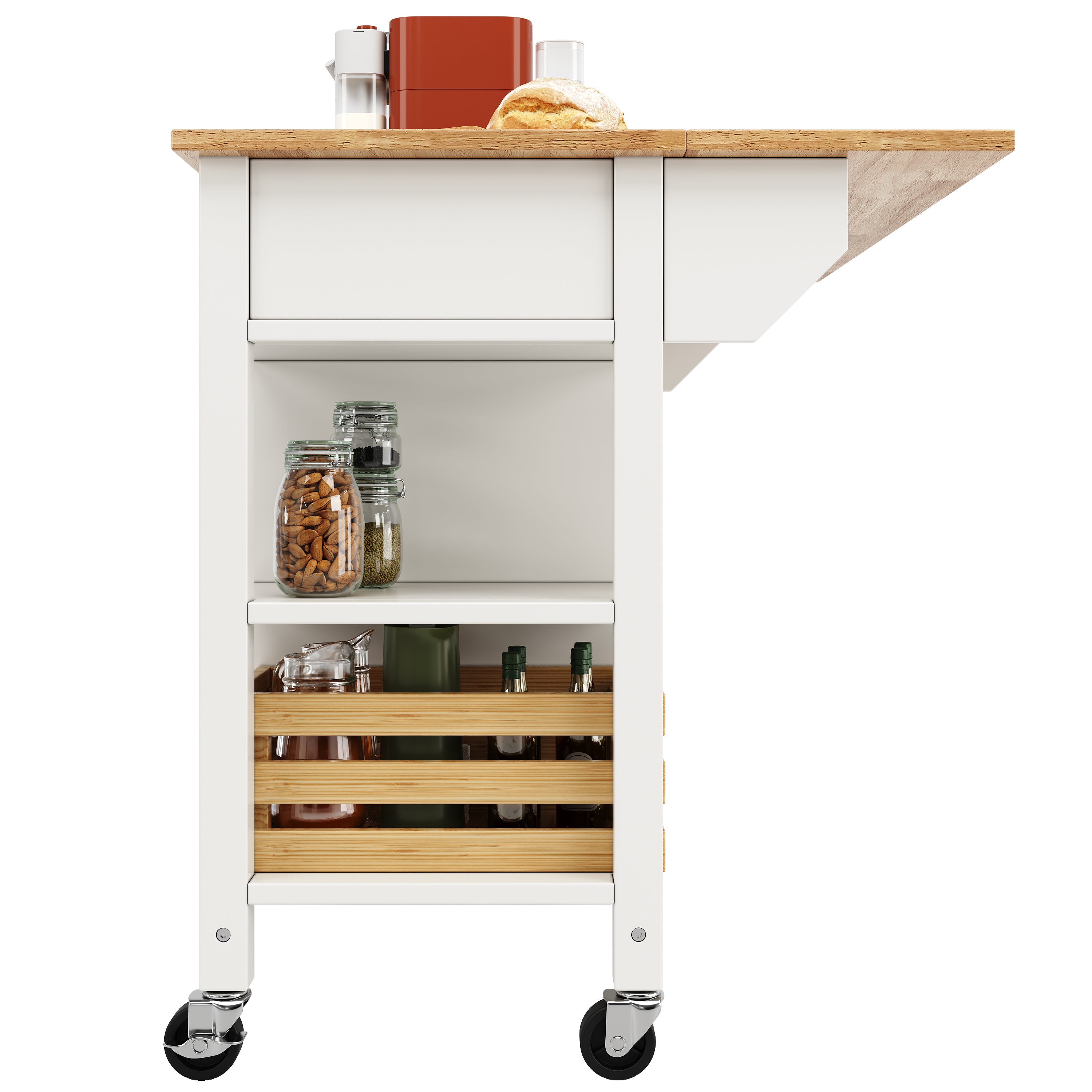 Rolling Kitchen Island Storage Trolley with Large Cabinet, 3 Drawers, Spice Rack, Adjustable Shelf, Dining Room Organiser Sideboard Cupboard Cabinet Cart, White