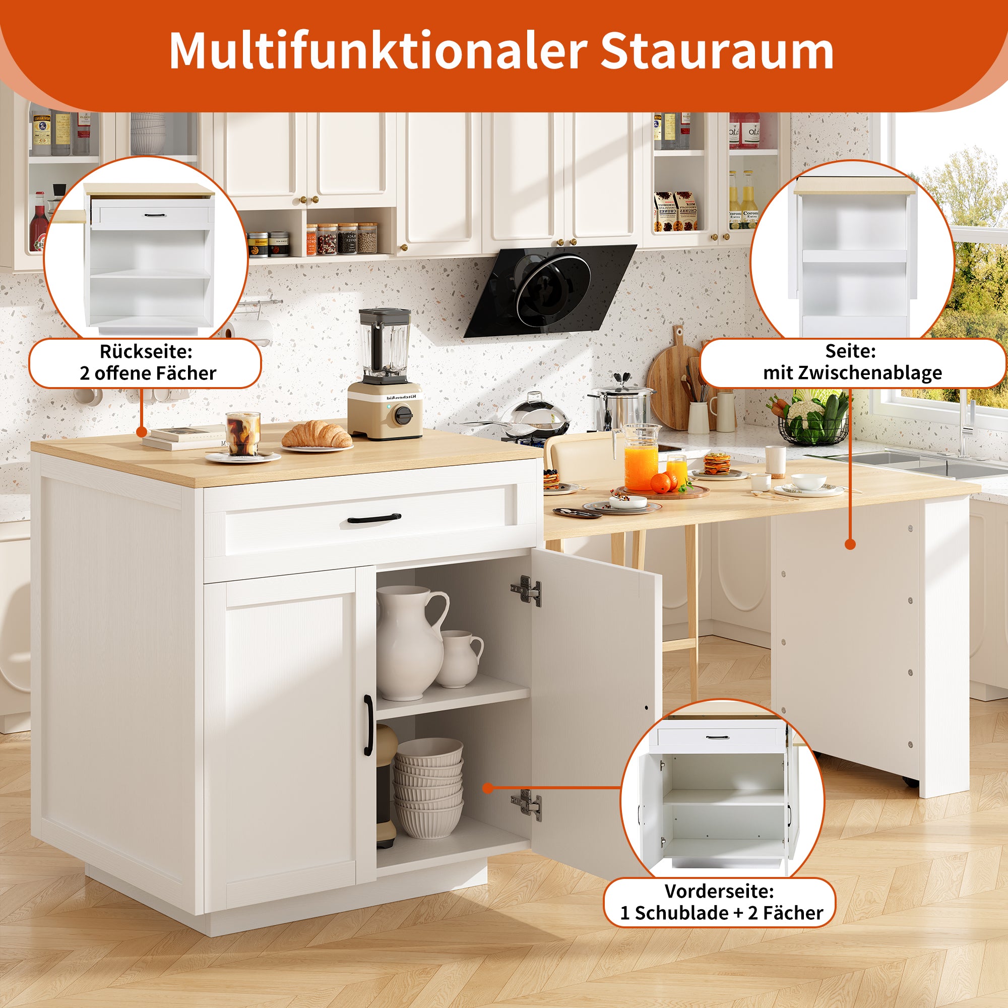 Extendable Bar Table with Storage (133–202 × 70 × 93.5 cm), with 2 Drawers and 2 Compartments, Expandable Kitchen Island Table for 2–6 People, Kitchen Dining Cart with Side Shelves, White.