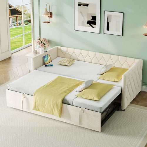 Upholstered Daybed, Sofa Bed with Charging Station, 3ft Single Button-tufted Bed with USB and Type - C Ports, Pull out Trundle Bed for Living Room/ Bedroom/ Study Room, Linen, Beige (No Mattress)