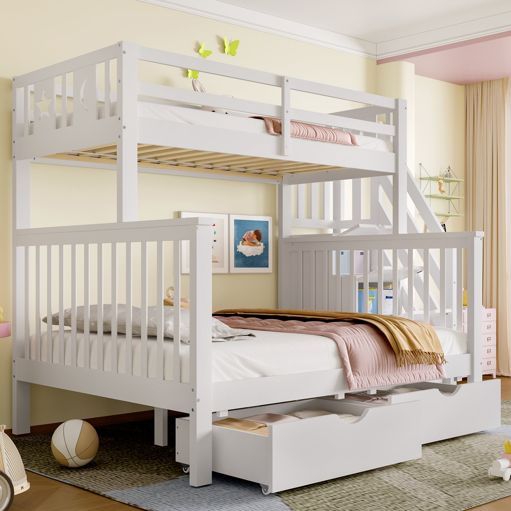 Bunk Beds for Kids, Double High Sleeper Bed Frame with Storage and Guardrail, Space-Saving Design with Drawer Storage, Children Cabin Bed with Storage Stair for Bedroom, Dorm, White (No Mattress)